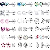 Svovin 18 Pairs Titanium Surgical Steel Stud Earrings for Women Men Star Moon Flower Heart Leaf Opal CZ 20G Screw Flat Back Earrings Hypoallergenic Flatback Earring for Sensitive Ear