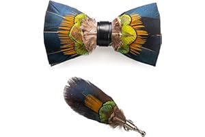 RBOCOTT Handmade Feather Pre-tied Bow tie and Brooch Sets for Men
