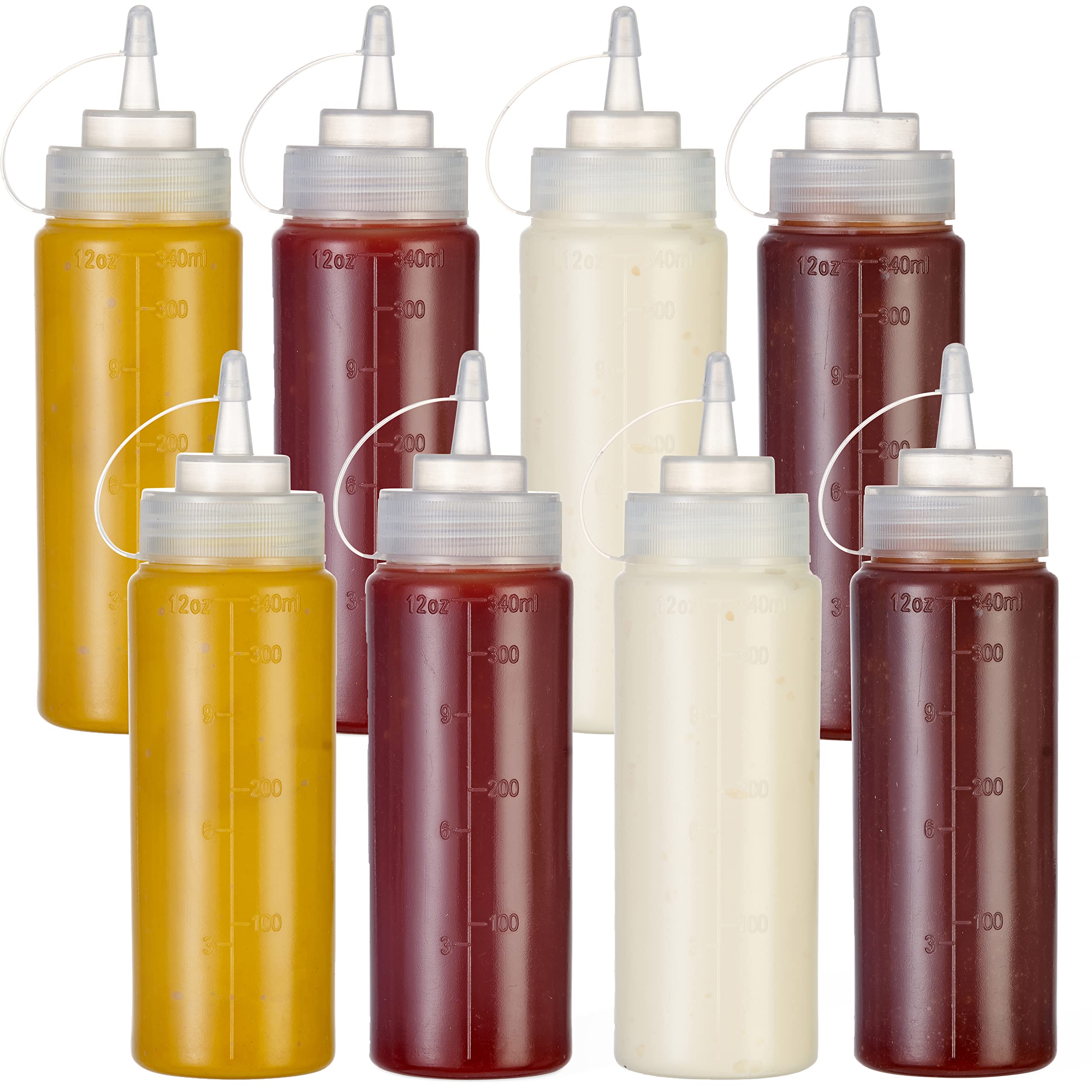 MATANA 8 Plastic Squeeze Sauce Bottles with Nozzles, 340ml - Condiments, Sauces, Ketchup, Dressings, Mustard, Olive Oil - BPA-Free & Dishwasher Safe