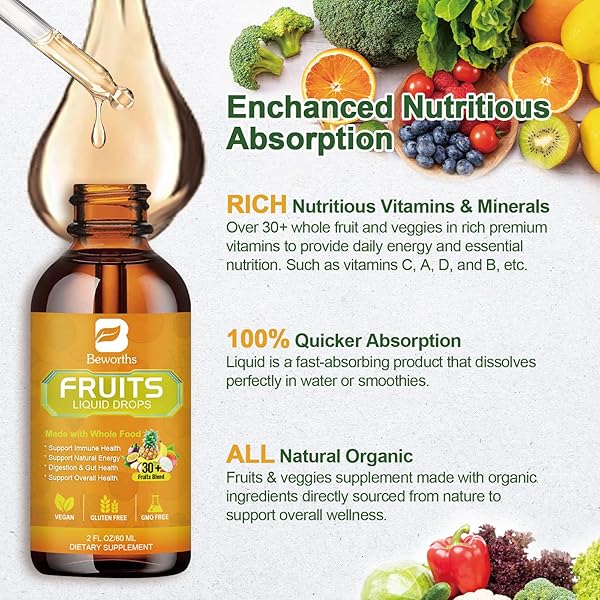 B BEWORTHS FRUITS AND VEGGIES SUPPLEMENT – BALANCE OF NATURAL FRUIT AND VEGETABLE VITAMINS SUPPLEMENTS LIQUID DROPS, WHOLE NATURE SUPER-FOOD FILLED WITH VITAMINS AND MINERALS – SUPPORTS ENERGY LEVELS