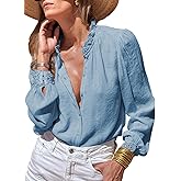 Astylish Womens Lace Trim V Neck Button Down Blouse Casual Ruffle Long Sleeve Elegant Trendy Tops Work Brunch Shirt
