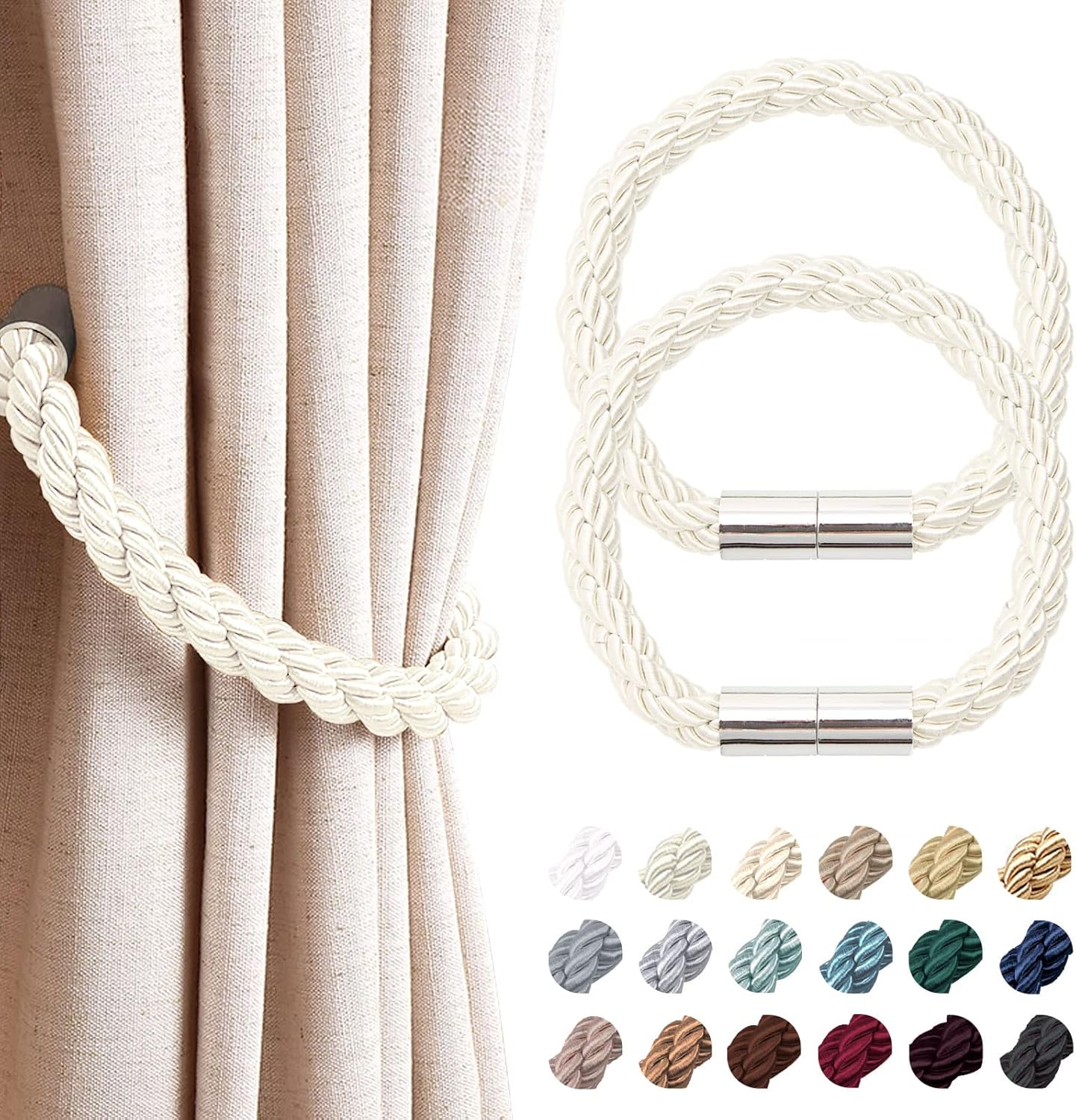 Window Treatment Hardware - NICEEC 2 Pack Strong Magnetic Curtain Tiebacks Modern Simple Style Drape Tie Backs Convenient Decorative Weave Rope Curtain Holdbacks for Thin or Thick Home & Office Window Draperies (Creamy-White)