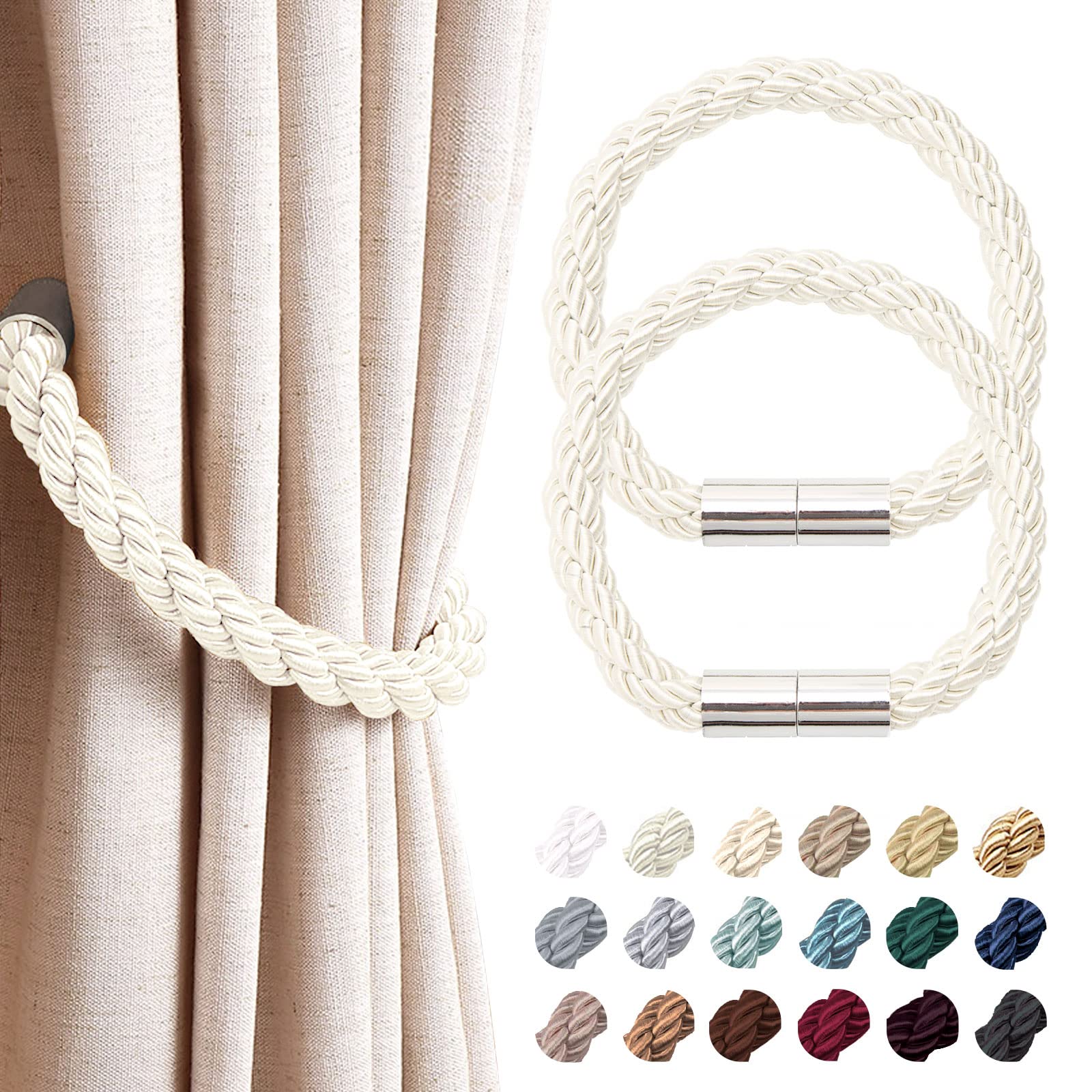 Pretty Jolly 2 Pack Strong Magnetic Curtain Tiebacks Modern Simple Style Drape Tie Backs Convenient Decorative Weave Rope Curtain Holdback for Thin or Thick Home & Office Window Drapery (Creamy-white)