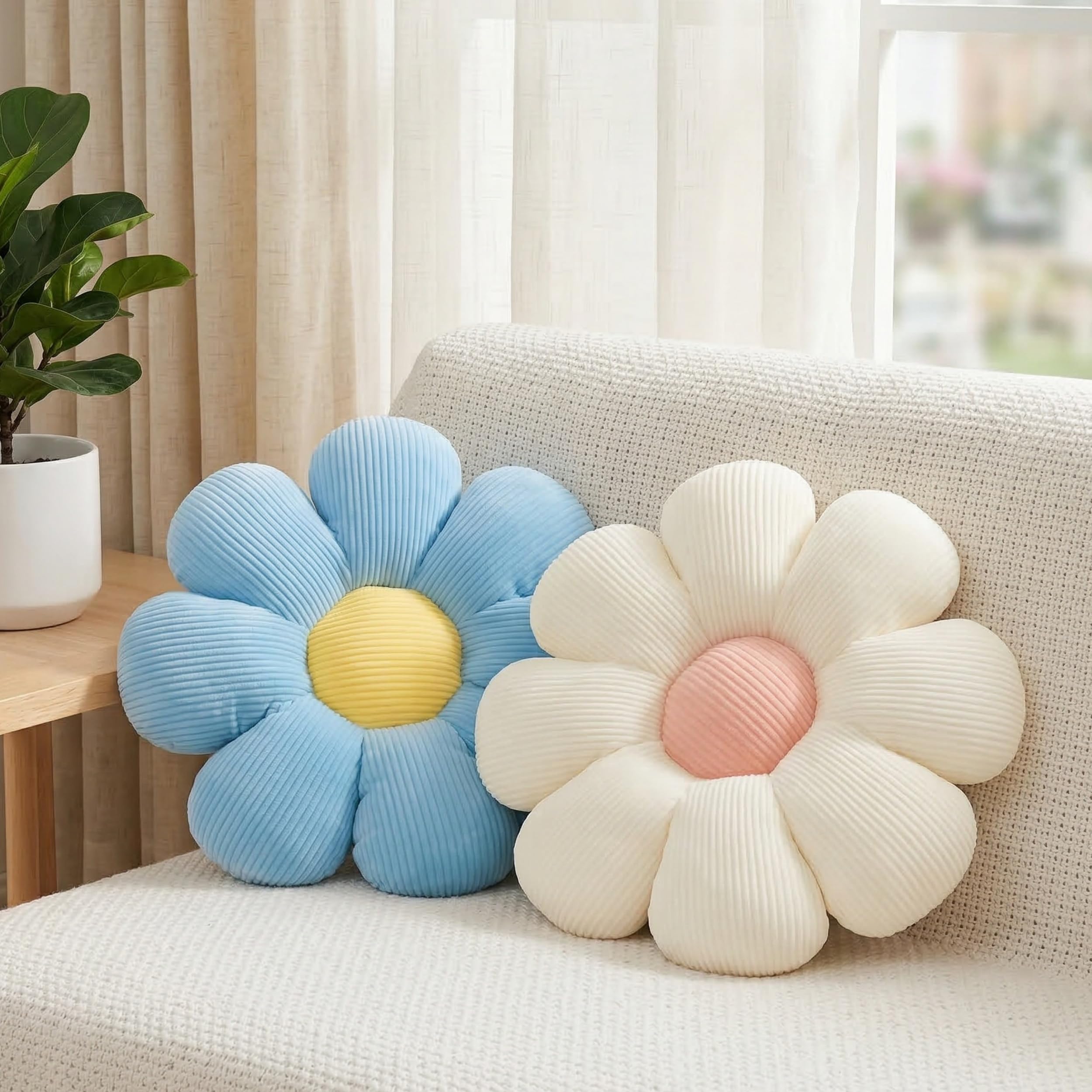 FSRONGXI 2pcs Flower Cushion Blue Daisy Pillow Throw Pillows, Cute Floor Pillow Cushion for Bedroom Sofa Chair Decor (Blue & White, 38x38cm)