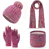 4PCS Kids Winter Hat Gloves Scarf Set, Girls Toddler Beanie with Pom Knit Neck Warmer & Touchscreen Gloves for Girls Boys