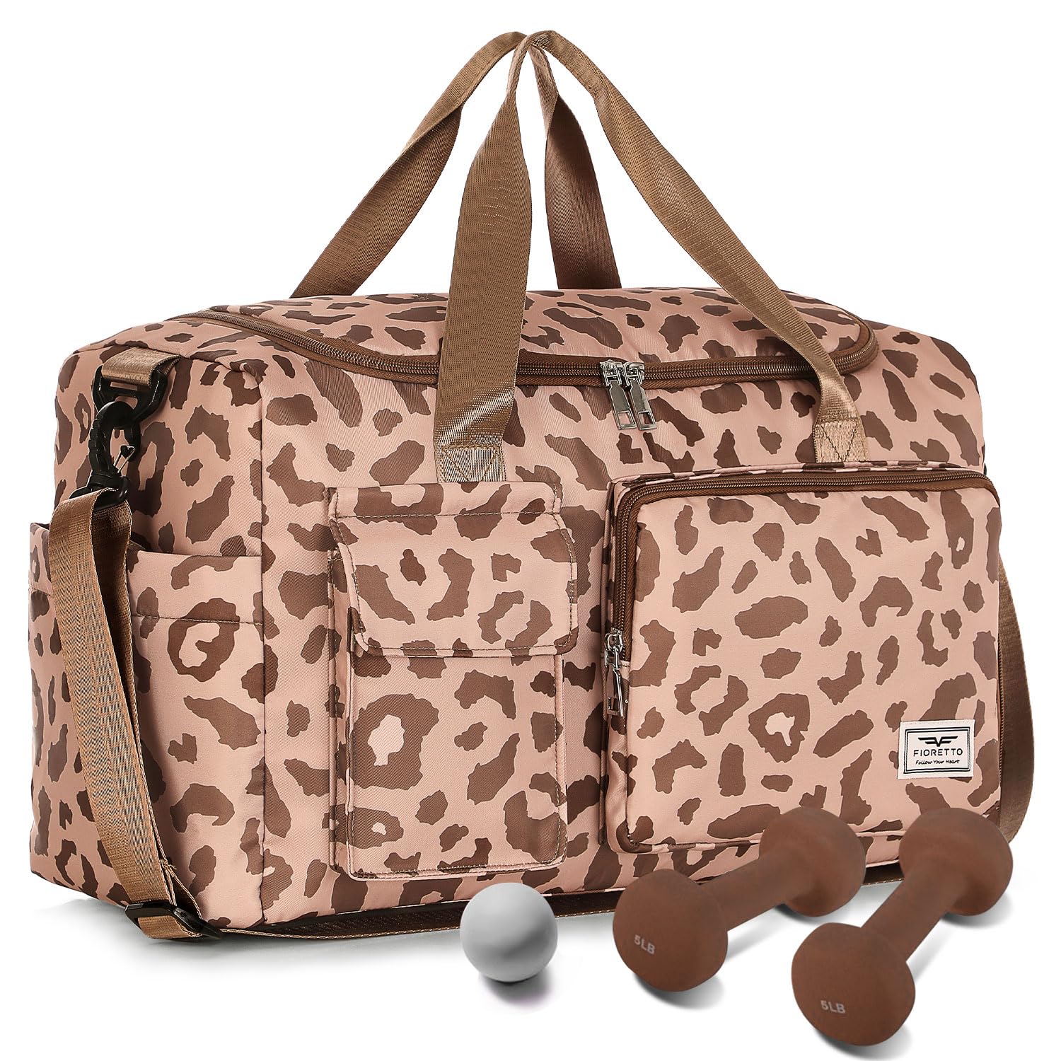 FIORETTO Womens Mens Sports Gym Bag Duffle Bag with Shoes Compartment, Weekend Travel Bag Overnight Bag for Women, Water Resistant Holdall Hospital Bag for Swimming Leopard Print — image 1