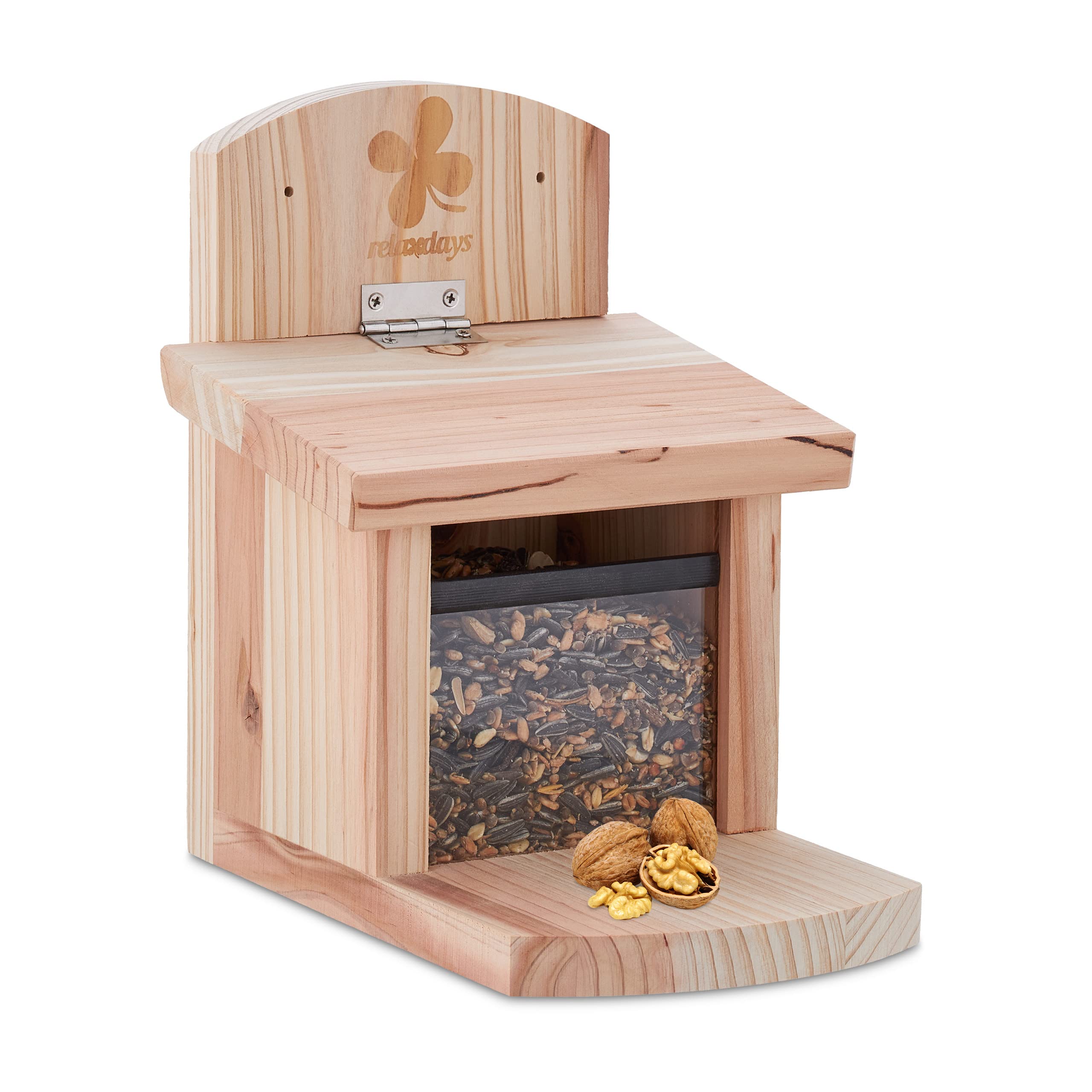 Relaxdays Squirrel Feeder, FSC Certified Wood, Folding Roof, Ventilation Holes, Hanging Feeder, Natural