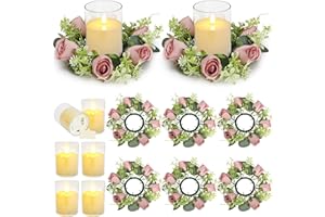 YMDOBIGER Rose Candle Rings Wreath - 6 Sets 3 Inch Eucalyptus Wreaths with LED Flameless Candles Floral Green Leaves for Table Centerpieces Wedding Home Banquet Party Decor, Dusty Pink