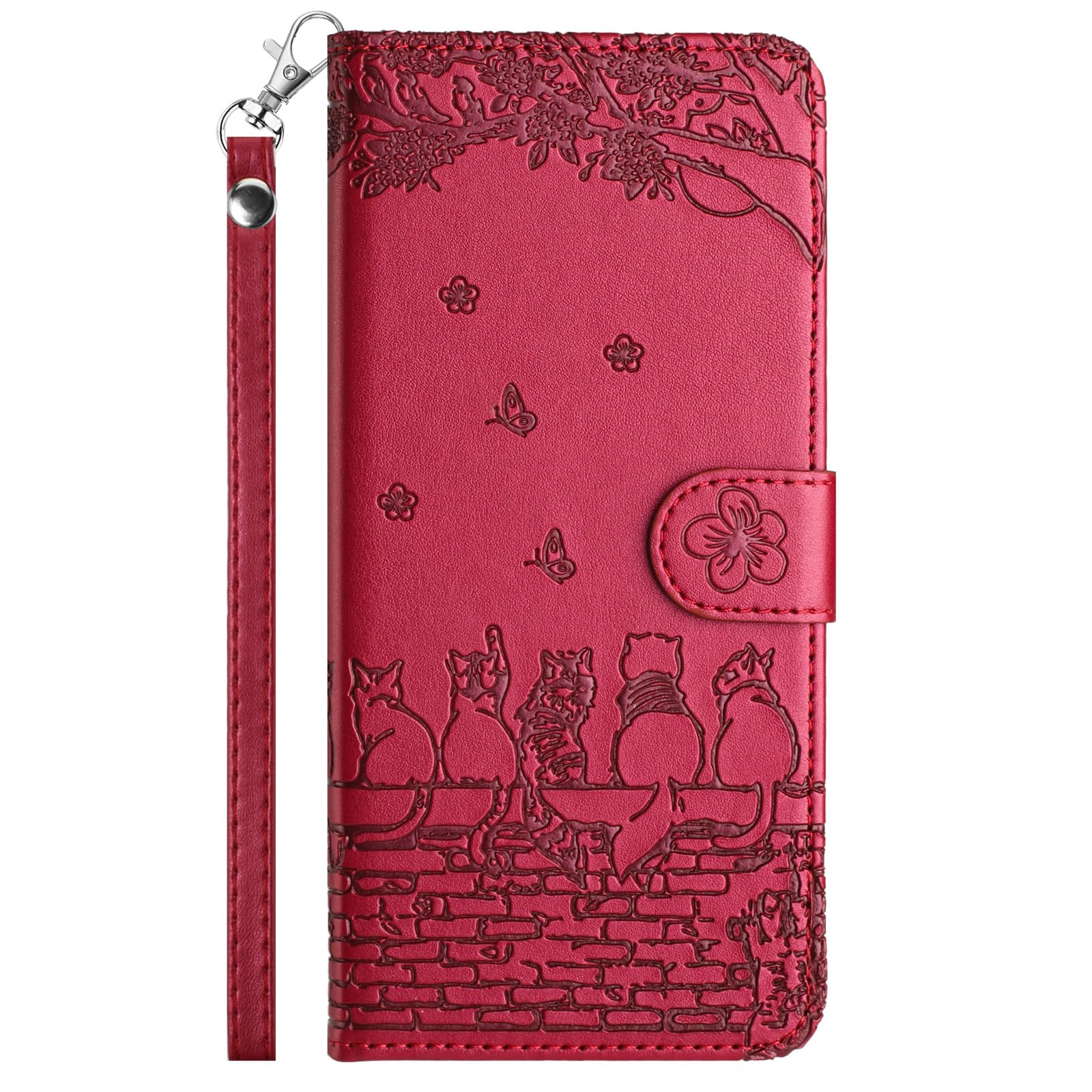 FALUWONRU for iPhone SE 2022/SE 2020/8/7 Wallet Case,Fence Cats Butterfly Flower Embossed PU Leather Flip Phone Case with Card Slots,Magnetic Protective Cover with Holder Kickstand,Burgundy