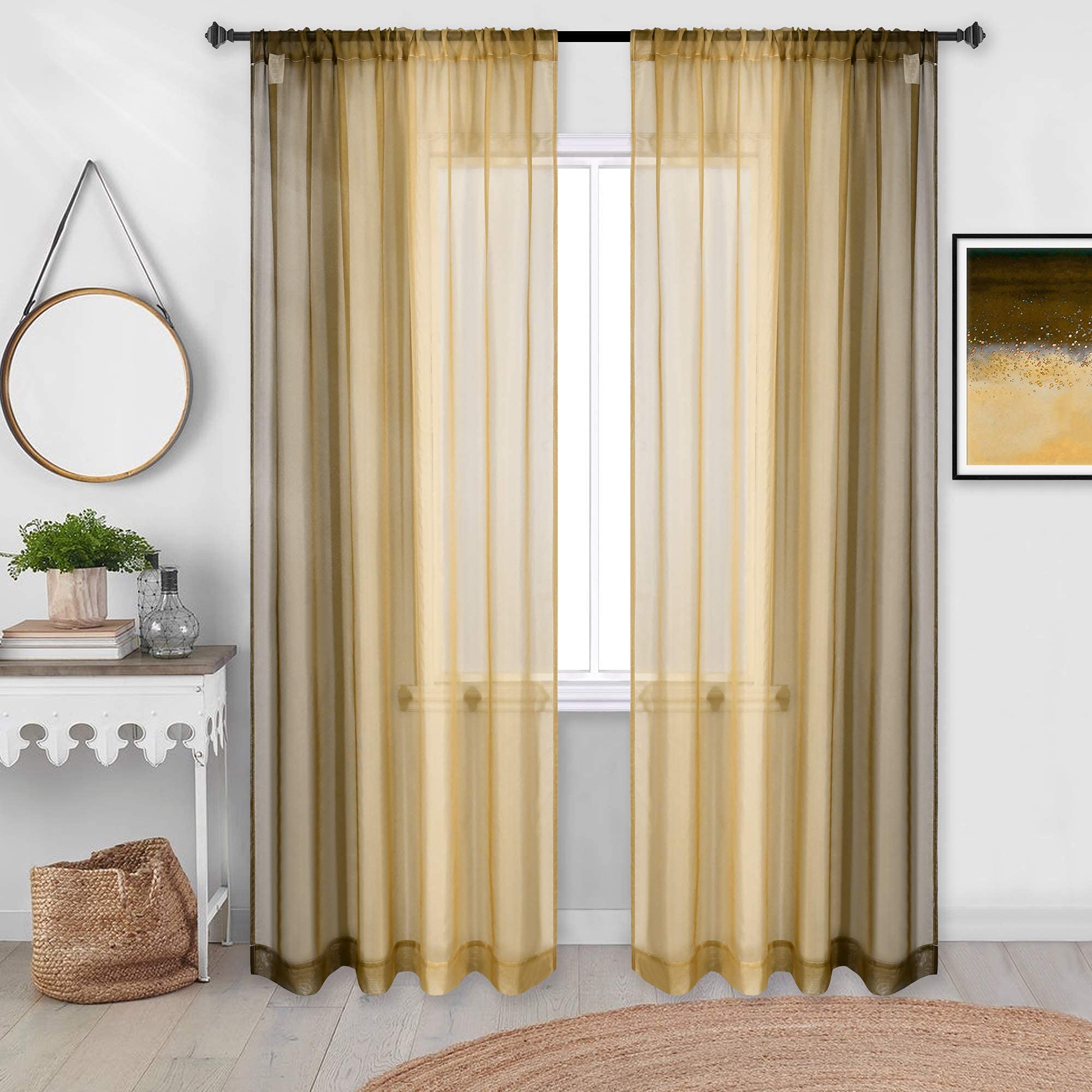 DECOVSUN Brown Gold Ombre Sheer Curtains for Bedroom Extra Long Tan and Brown Sheer Voile Curtains with Rod Pocket Brown Camel Gradient Drapes for Girls Kids Room Bedroom Set 2 Panels 52X108