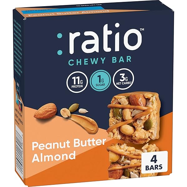 RATIO CHEWY PROTEIN BAR, PEANUT BUTTER ALMOND, 11G PROTEIN, KETO FRIENDLY, 5.64 OZ (4 BARS)