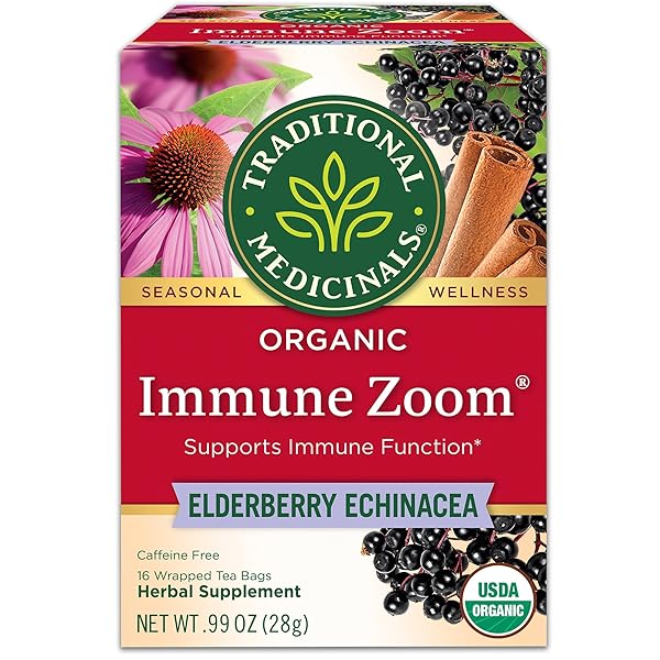 TRADITIONAL MEDICINALS TEA, ORGANIC IMMUNE ZOOM ELDERBERRY ECHINACEA, SUPPORTS IMMUNE FUNCTION, 16 TEA BAGS