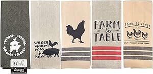 Farmhouse Kitchen Towels Farm Towels Pig Rooster Chicken Cow Towels Black Tan Towels Set of 5