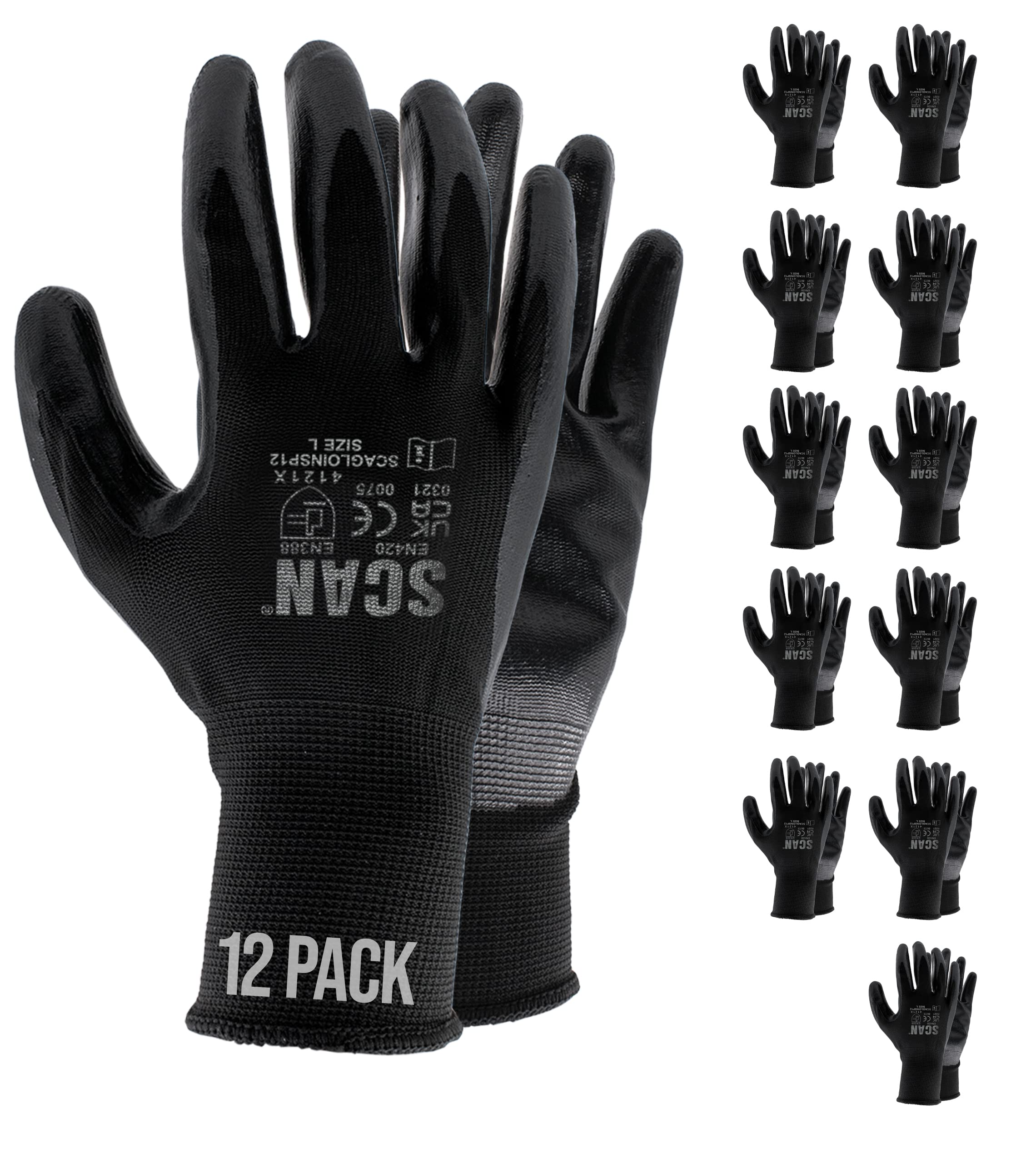 Scan SCAGLOINS12M 12 Pairs Inspection Gloves Nitrile Coated - Medium (Size 8)