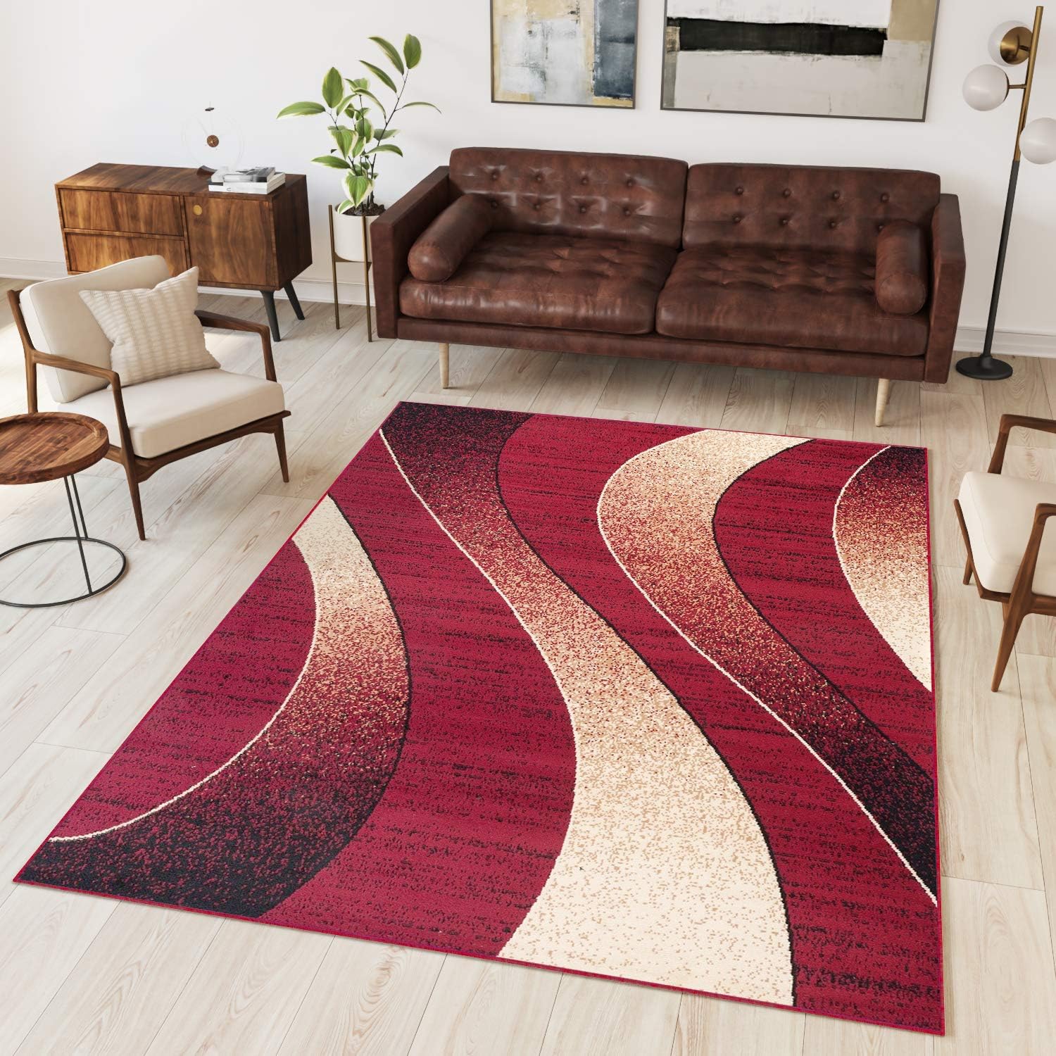 Tapiso Area Rugs Living Room Bedroom Modern Burgundy Red Wavy Durable