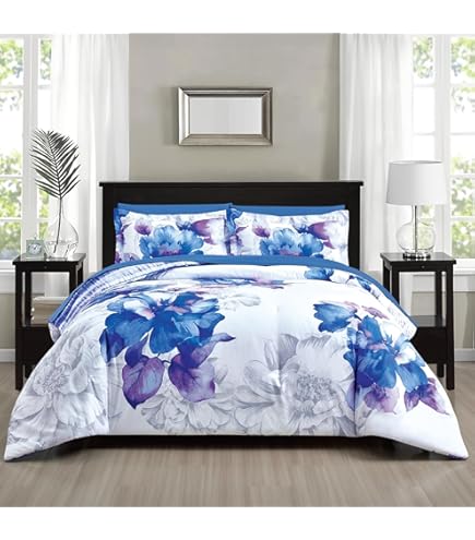 Luxudecor Set Biancheria Letto King Size 7 Pezzi Blu Navy Con Motivo Floreale - Morbida Microfibra - 2