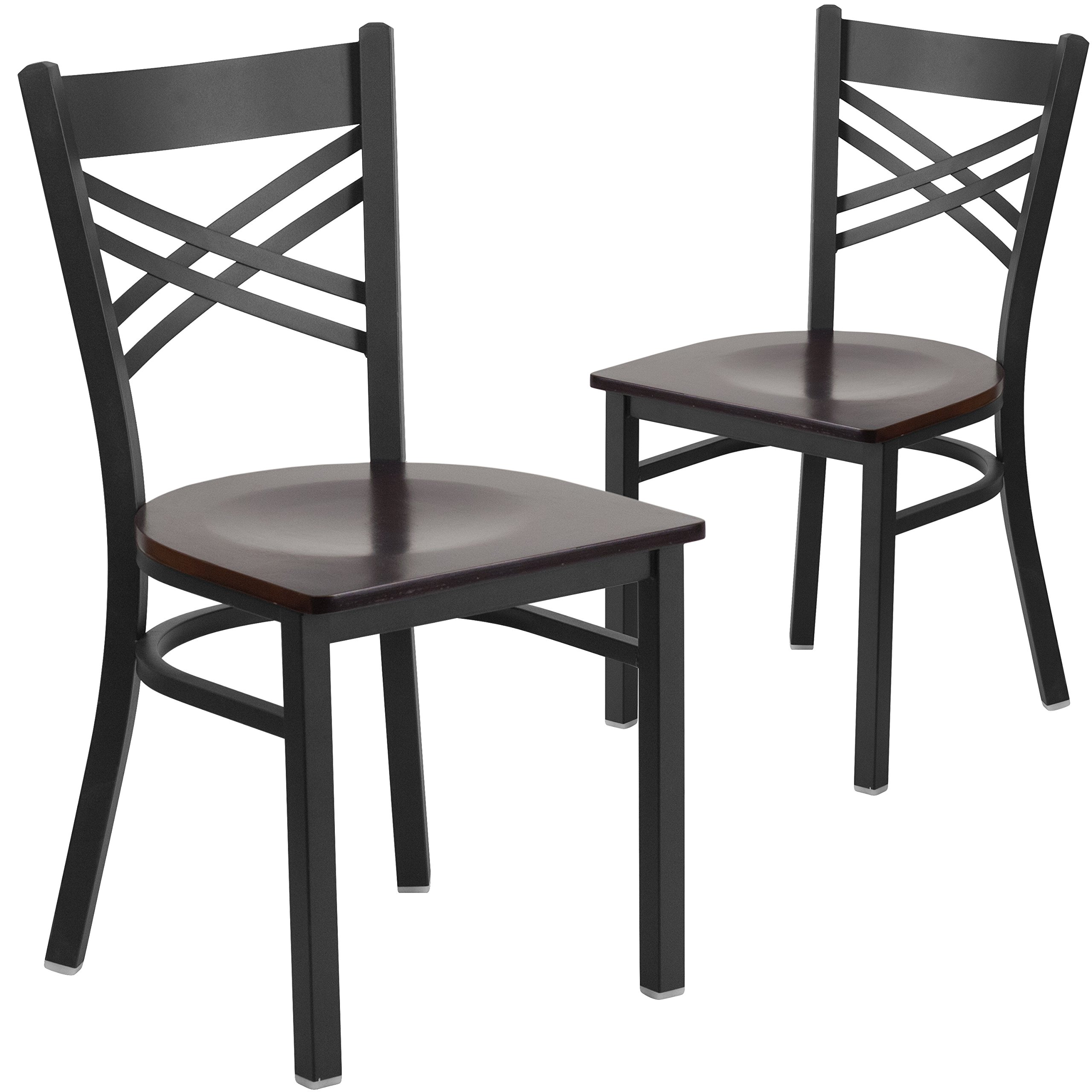 flash furniture 2 pk. hercules series black ''x'' back metal restaurant chair - walnut wood seat