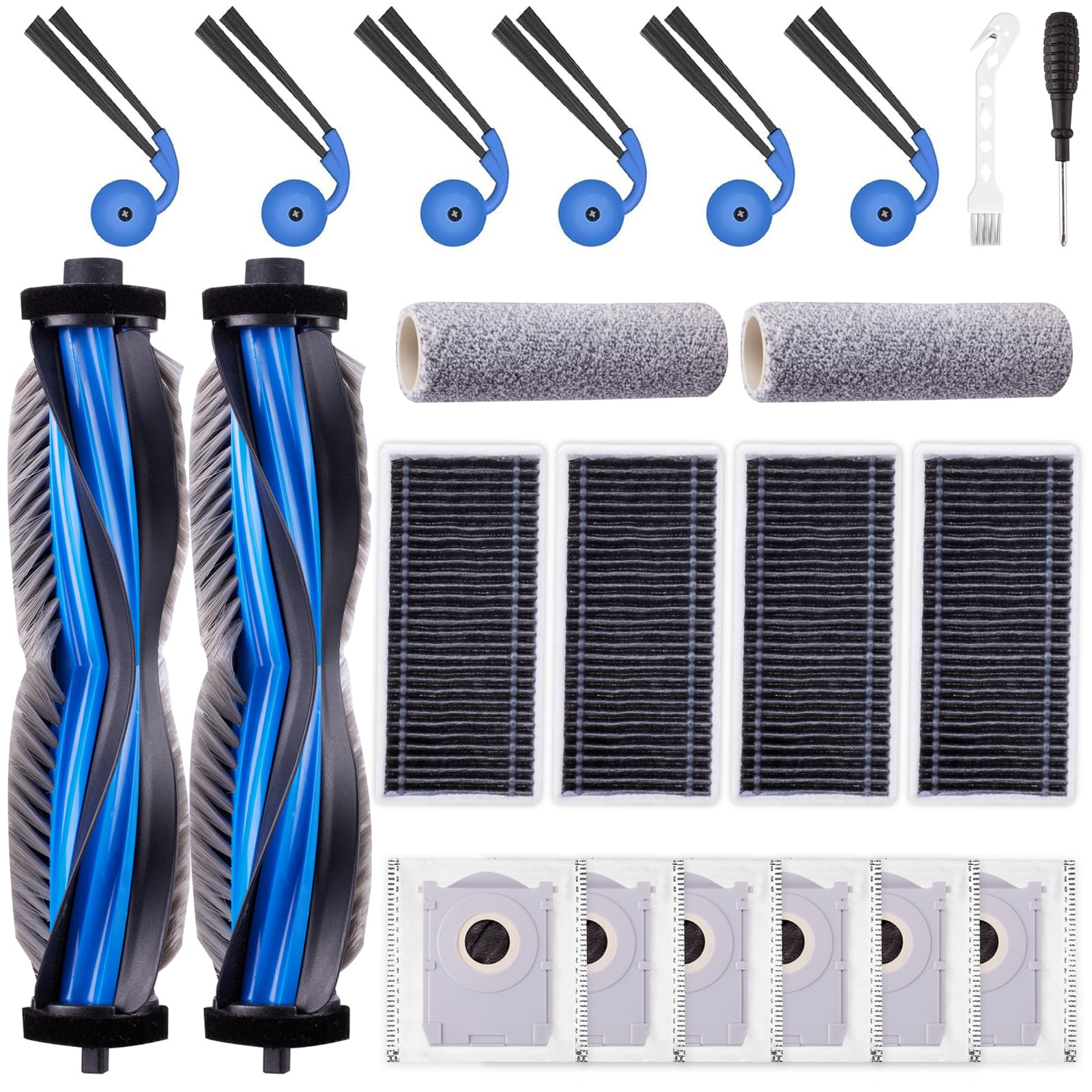 Photo 1 of EOVWAEO 22 Pack Accessories Kit for ECOVACS DEEBOT X9 PRO Omni / X9 PRO Robot Vacuum, Replacement 2 Anti Tangle Main Brush 2 Roller Mop 6 Dust Bags 6 Sidebrush 4 Filter 1 Cleaning Brush 1 Screwdriver
