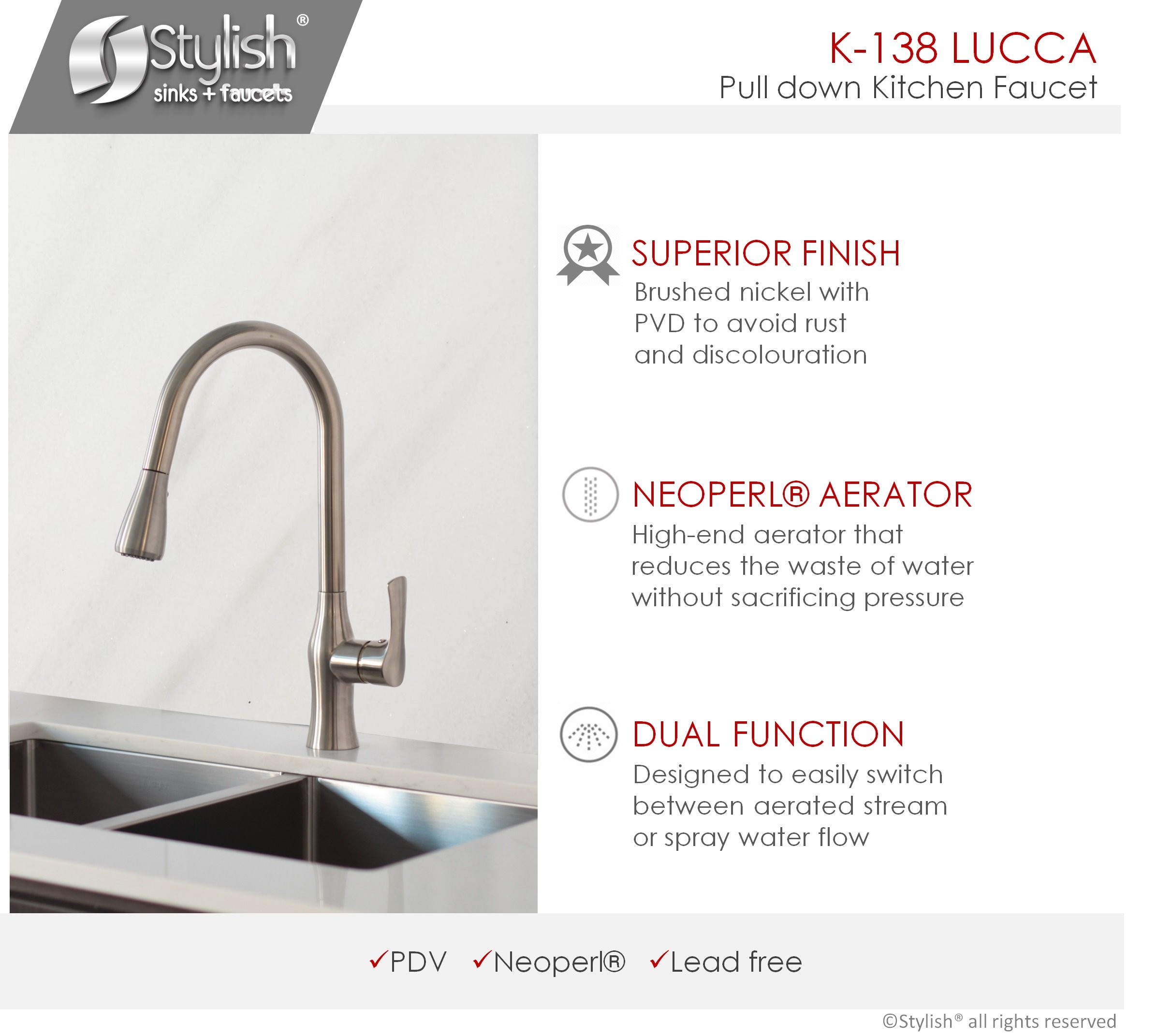 Stylish Kitchen Faucet One Handle Brushed Nickel Finish K108b Toscana Pull Down Ceramic Cartridge Touch On Kitchen Sink Faucets Kitchen Fixtures Urbytus Com