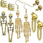 RechicGu 5x Halloween Earrings For Women Men,Skull Skeleton Drop Chain Dangle Earrings, Skull Rock Ear Piercing Earrings,Gothic Death Halloween Party Stud Earrings Accessories