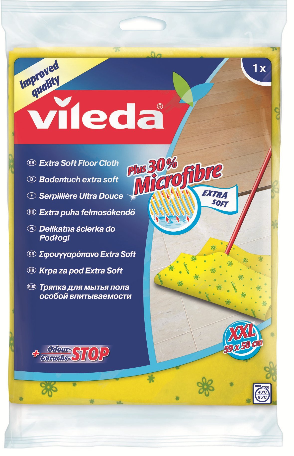 Vileda 141444 Soft Floor Cloth with 30% Microfibre - For Very Soft Cleaning with Odour-Stop Technology - Sticks Well to Scrubbing Brushes