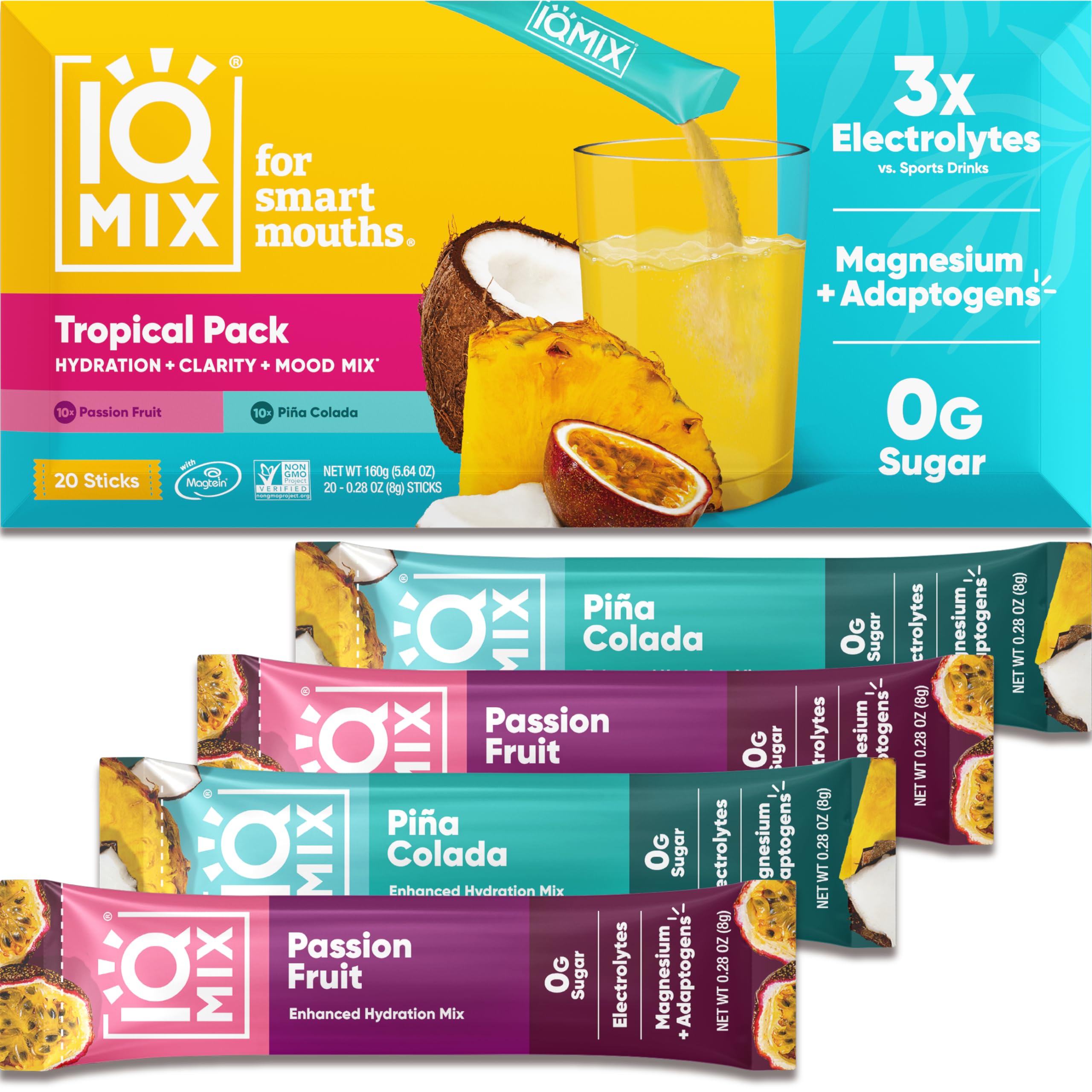 IQMIX Hydration Electrolyte Powder – 4-in-1 Formula for Hydration, Mental Clarity, Mood and Recovery – Sugar-Free Drink Mix, Keto, Magnesium L-Threonate, Lion’s Mane – 20 Count Tropical Variety Pack
