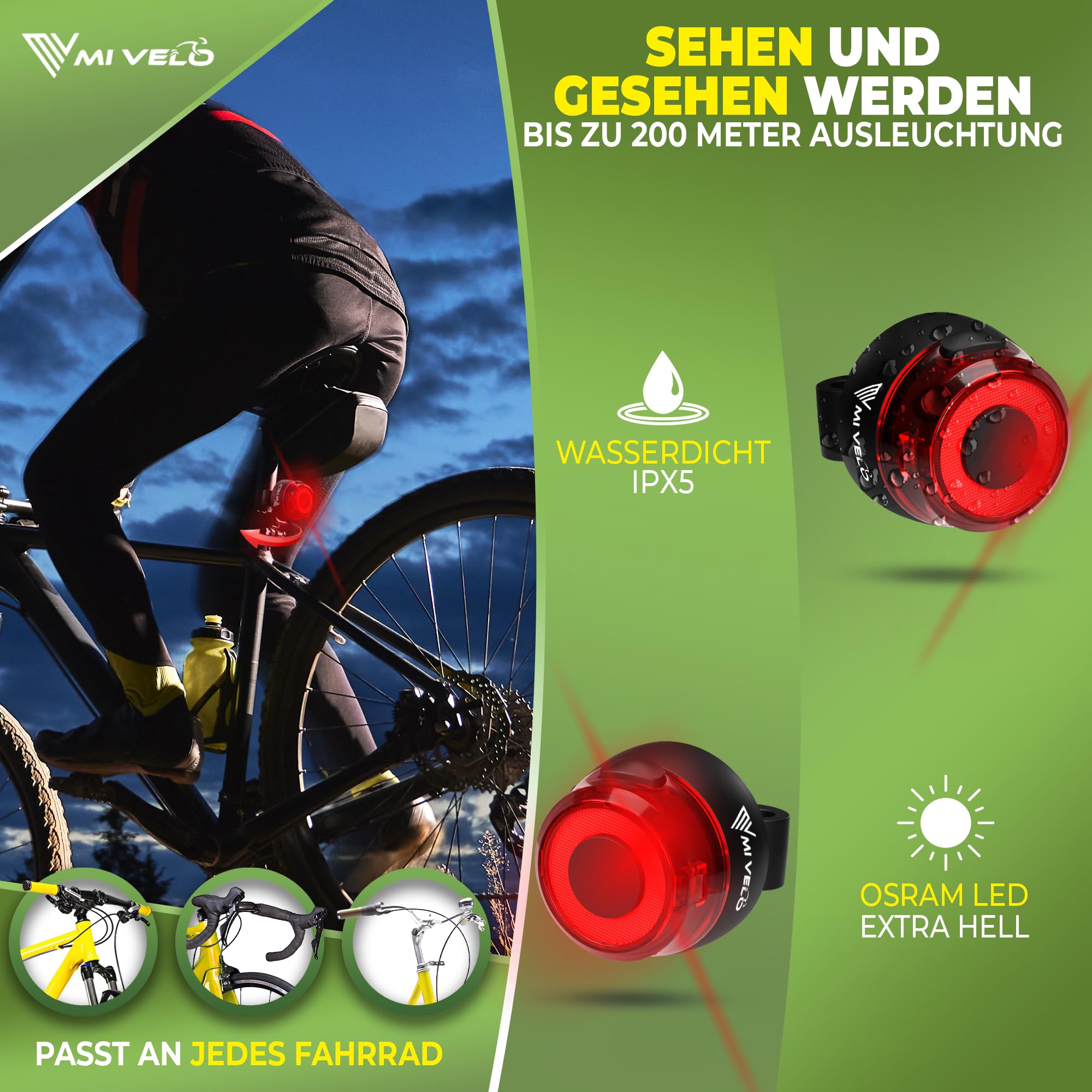 MIVELO Fahrradlicht Set mit Power-Akku, StVZO zugelassene Fahrradbeleuchtung USB aufladbar & wasserdicht, Fahrradlampe vorne & Fahrrad Rücklicht, Energieklasse A+++ (Spark ONE) 4
