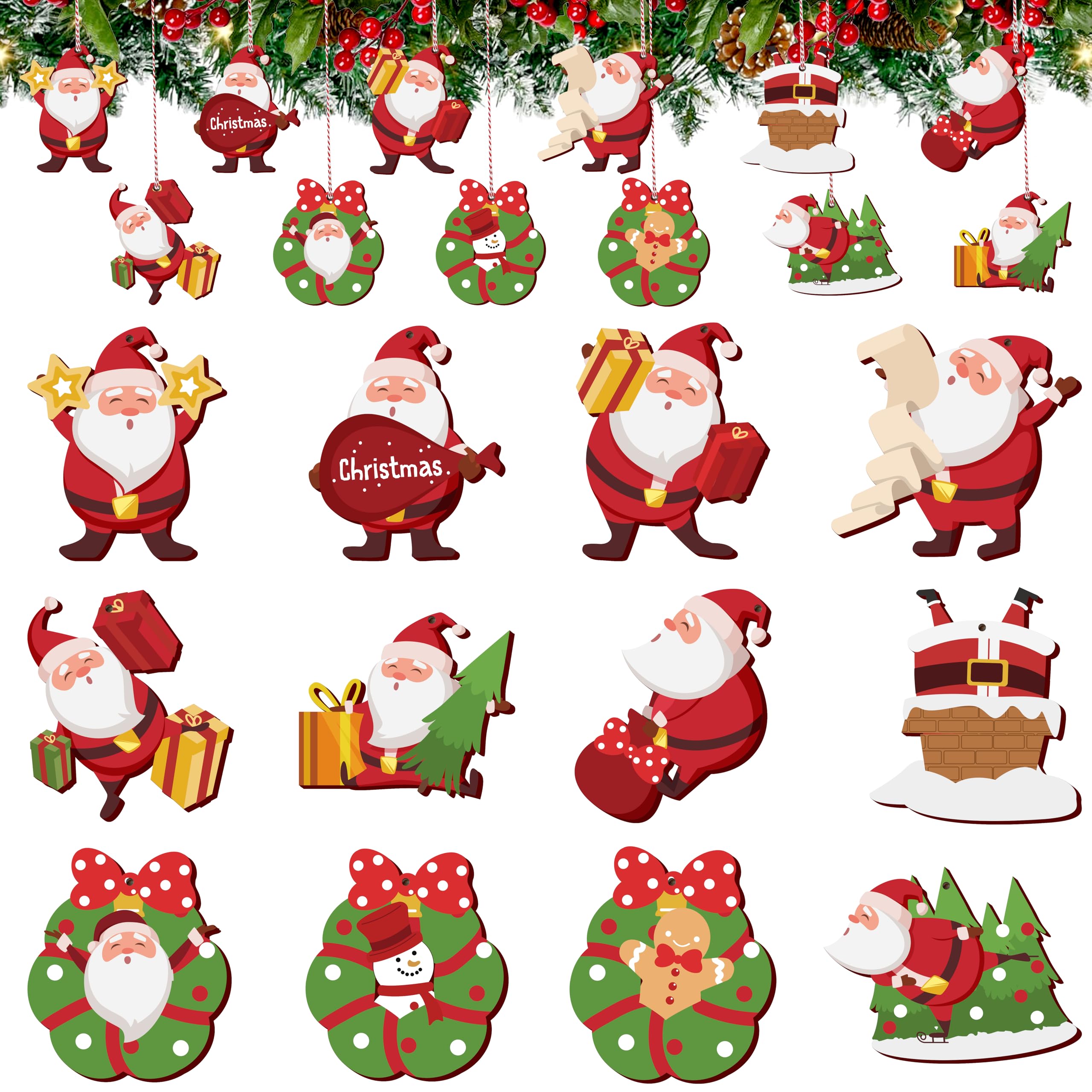 Alupssuc 24 Pieces Hanging Wooden Christmas Decorations, 12 Different Shapes Ornaments, Support DIY Crafts, Christmas Tree Baubles with Ropes for Holiday Wedding Party Decor, Santa Claus Set A