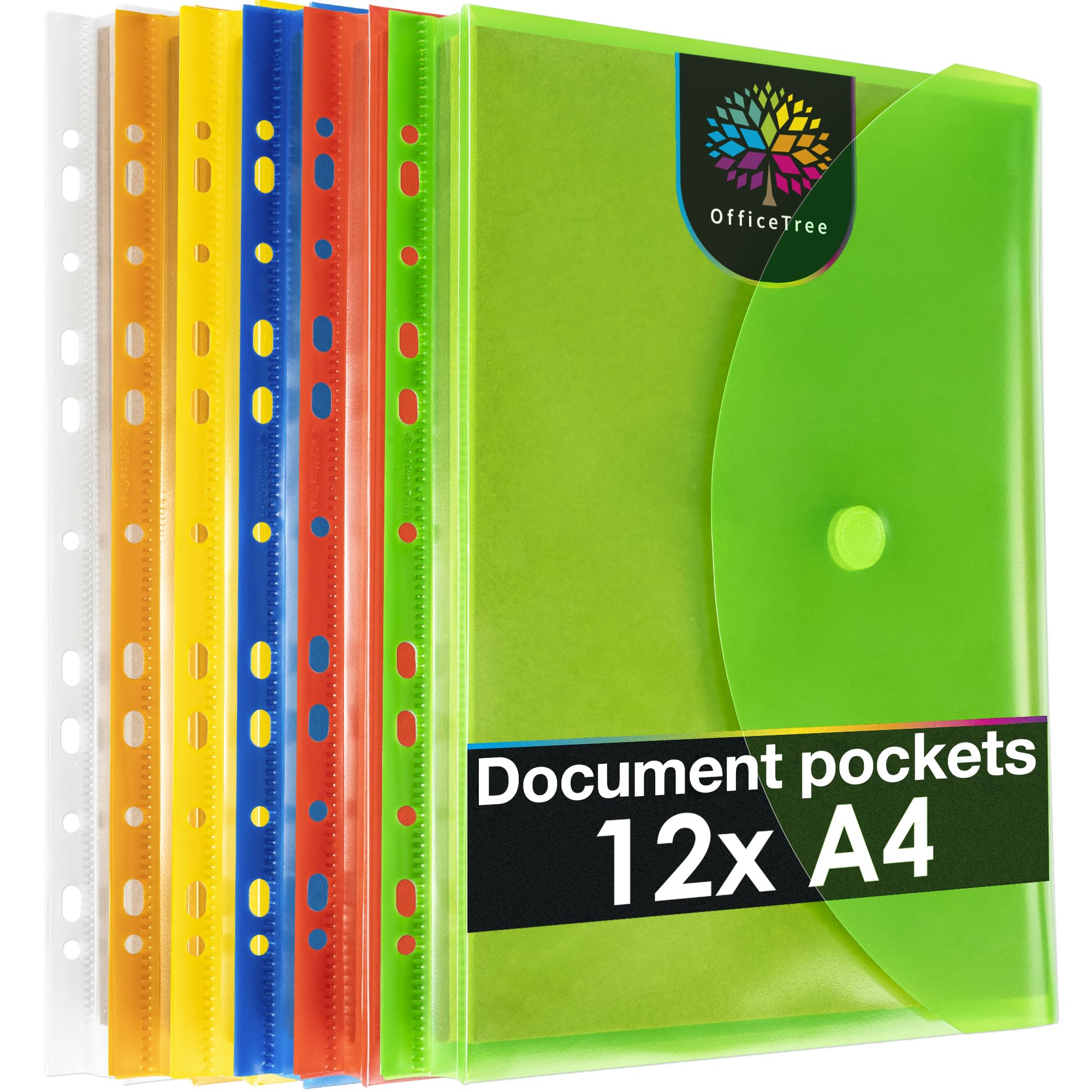 OfficeTree 12x Plastic Wallets A4 Punched - 5X Coloured and 7X Clear Folders - 240 Hole Reinforcer Against Tear Out - Folders with Plastic Pockets - File Pockets with Hook and Loop Fastener