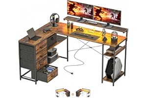 HOMCOM 61" L-Shaped Gaming Desk, Reversible Computer Desk Workstation with Power Outlets, LED Lights, 4 Drawers and Monitor S