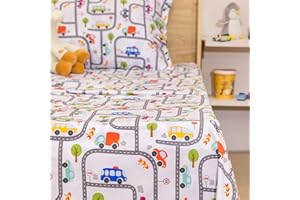 NIKKIPETER 100% Cotton Kids Bedsheet Sets for Boys and Girls, Cars Sheets Twin, Traffic Twin Bedding, Easy Care Super Soft 2PC Set - OEKOTEX Certified