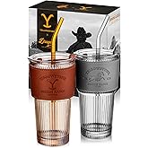 Dragon Glassware x Yellowstone Drinking Glasses - 16 oz Glass Cups with Lids and Straws Set of 2 - Yellowstone Cup Set with Straws & Lids - Reusable Sipper Tumbler