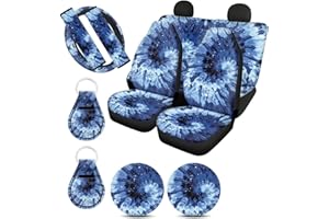 Xoenoiee 11 Pack Tie Dye Car Seat Cover Protector Front & Rear Seat Full Set for Women SUV Car Steering Wheel Cover, Seat Belt Cover, Cup Coasters, Key Chains