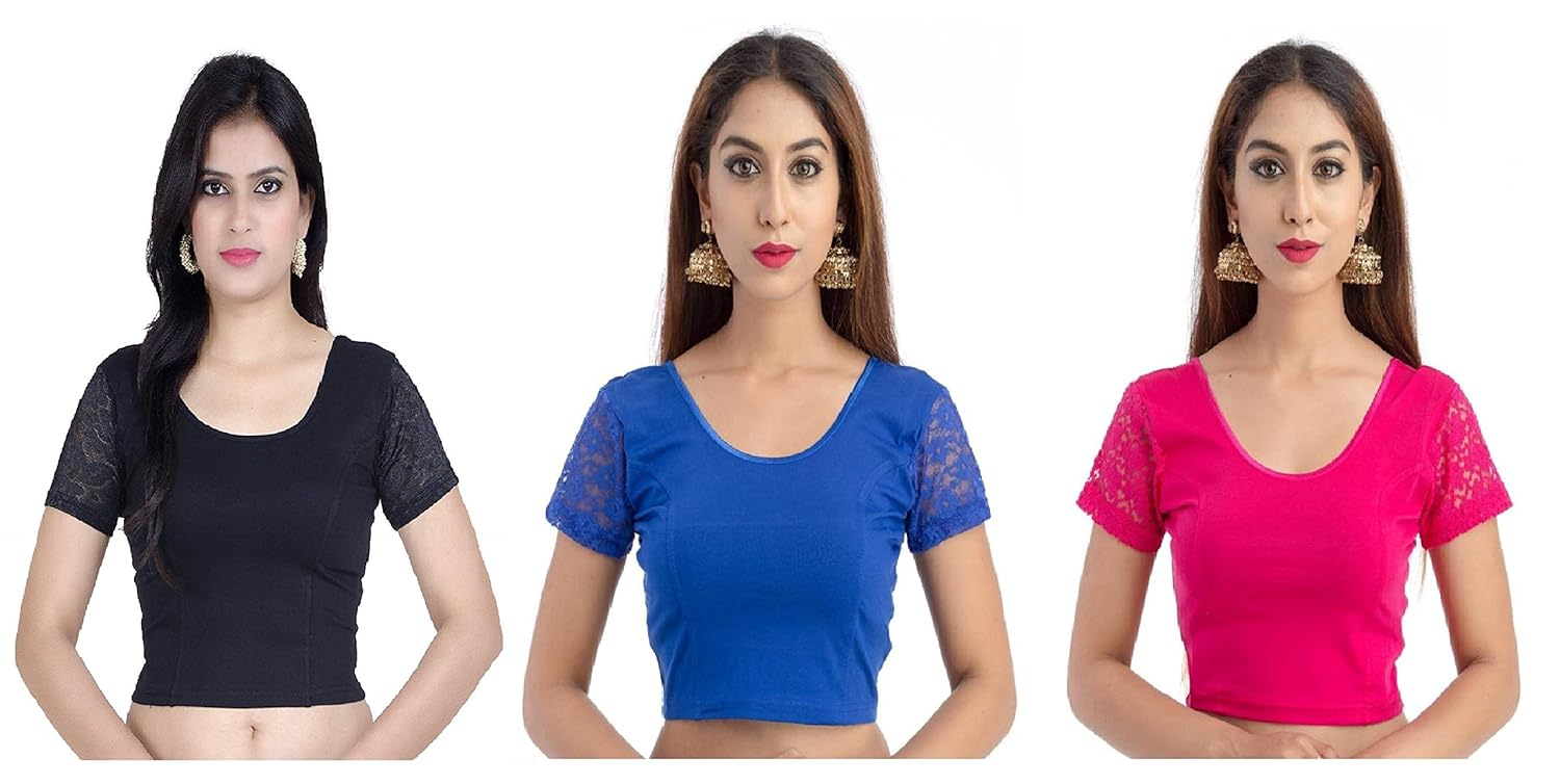 fressia fabrics women's stretchable readymade saree blouse crop top choli pack of 3
