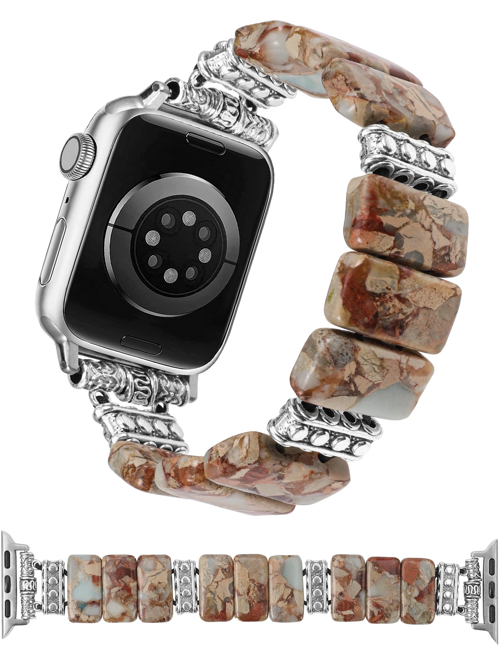 Photo 1 of Moolia Natural Stone Bracelet Compatible with Apple Watch Band 41/40/38/42/44/45/46/49mm Women, Handmade Elastic Beaded Western Strap for iWatch Series 11 10 9 8 7 6 5 4 3 2 1 SE?1/2/3? Ultra?1/2/3?