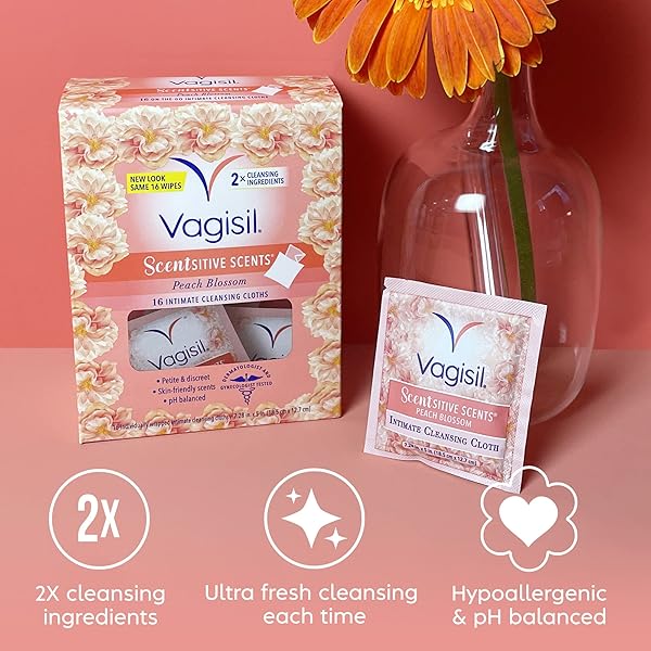 VAGISIL SCENTSITIVE SCENTS ON-THE-GO FEMININE CLEANSING WIPES, PH BALANCED, PEACH BLOSSOM, INDIVIDUALLY WRAPPED, 16 COUNT (PACK OF 1)
