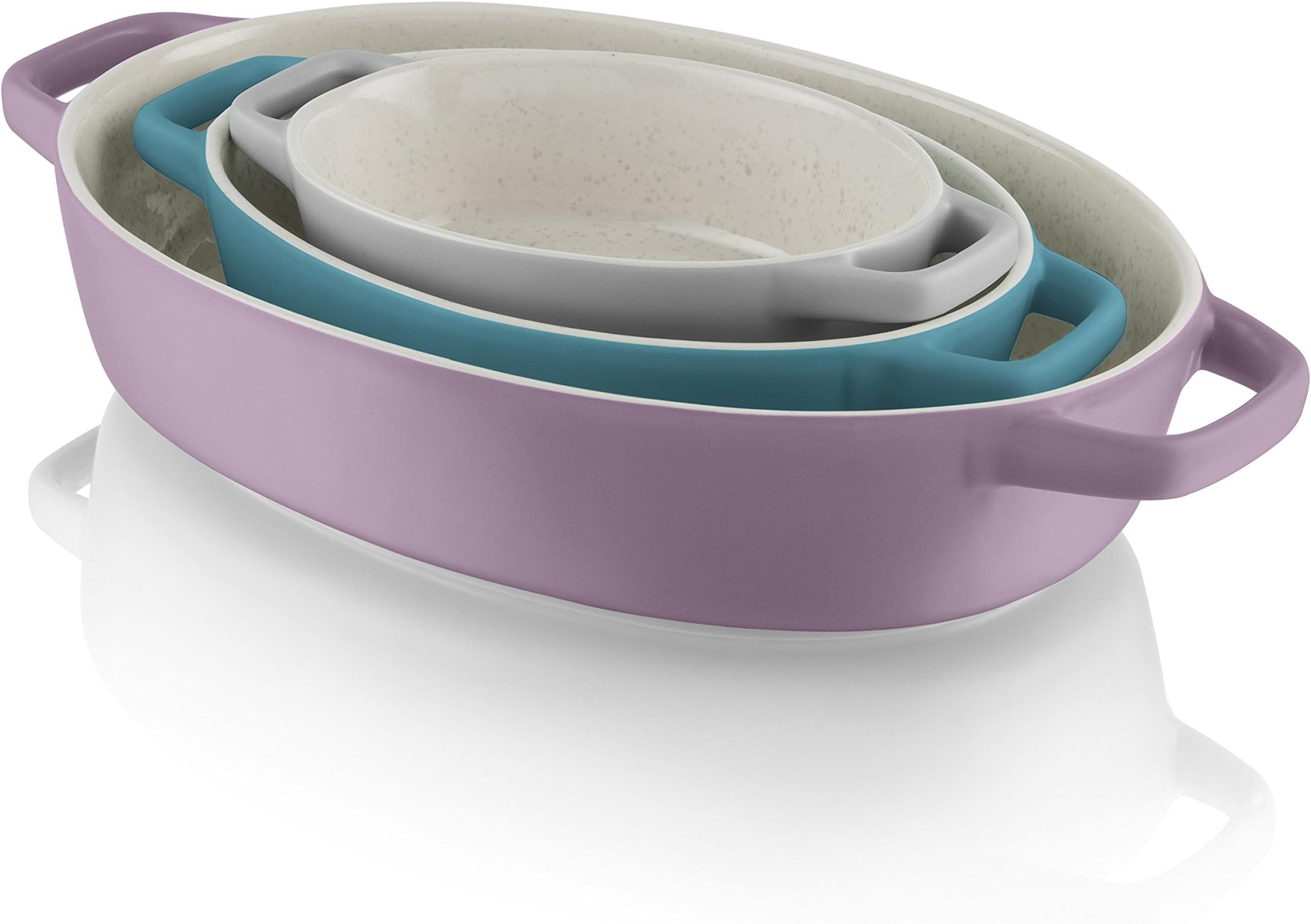 Fearne by Swan Oval Oven Dishes, Ceramic Stoneware, Assorted Pastel Colours, Set of 3
