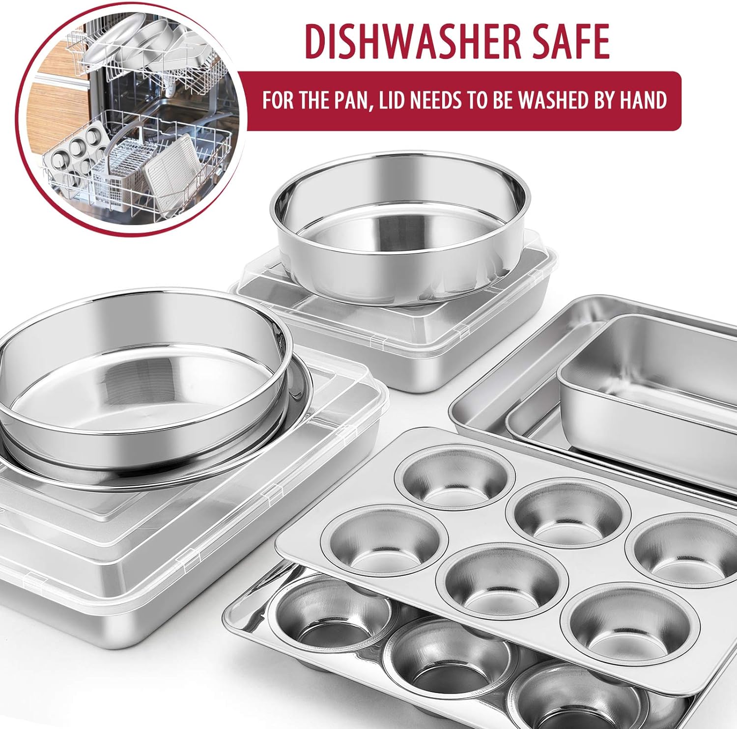12-Piece Stainless Steel Bakeware Sets, E-far Metal Baking Pan Set Include Round Cake Pans, Square/Rectangle Baking Pans with Lids, Cookie Sheet, Loaf/Muffin/Pizza Pan, Non-toxic & Dishwasher Safe: Kitchen & Dining