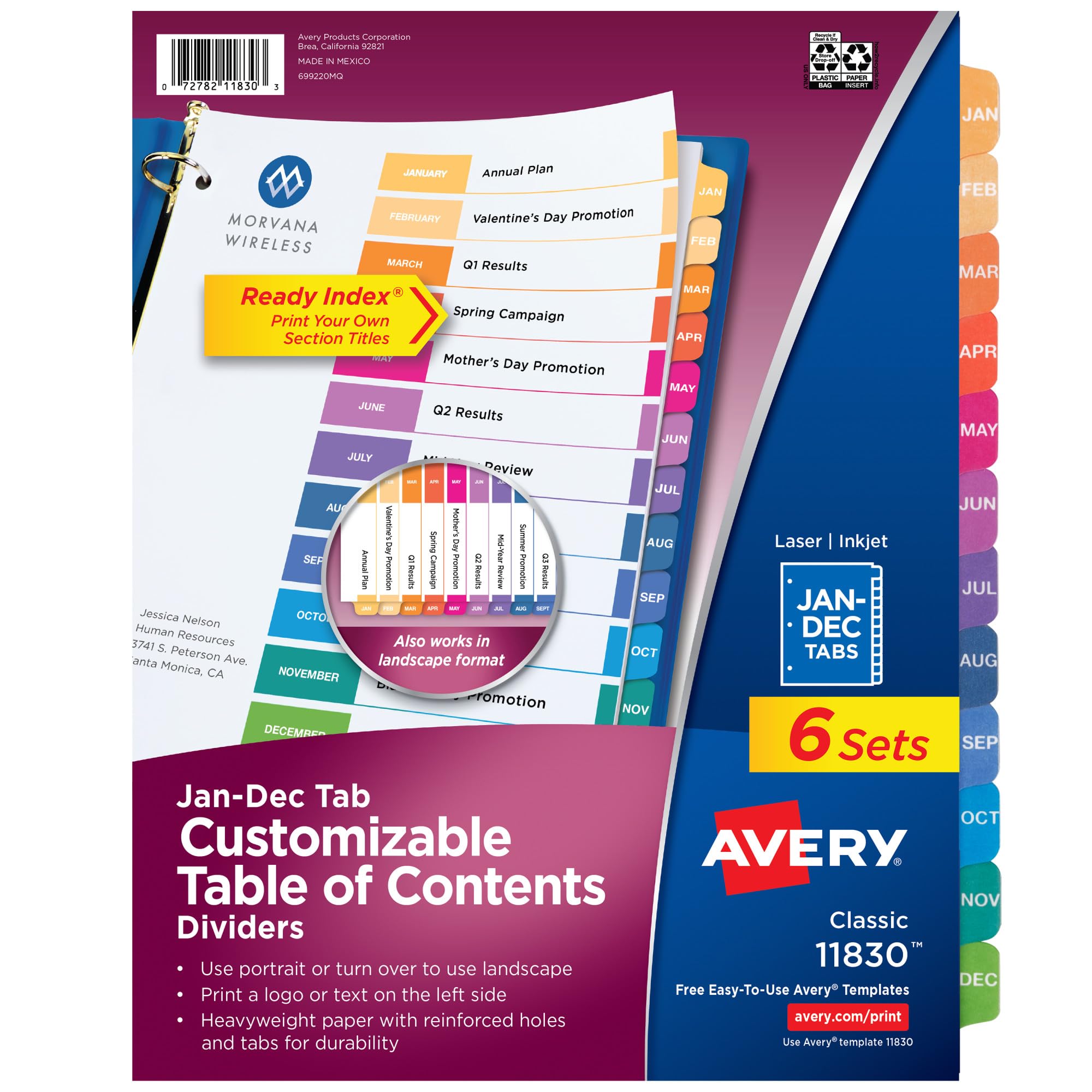 Avery Monthly Dividers for 3 Ring Binders, Customizable Table of Contents, Multicolor Tabs, 6 Sets (11830)