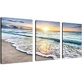 TutuBeer 3 Panel Beach Canvas Wall Art for Home Decor Blue Sea Sunset White Beach Painting the Picture Print on Canvas Seascape the Pictures for Home Decor Decoration,Ready to Hang