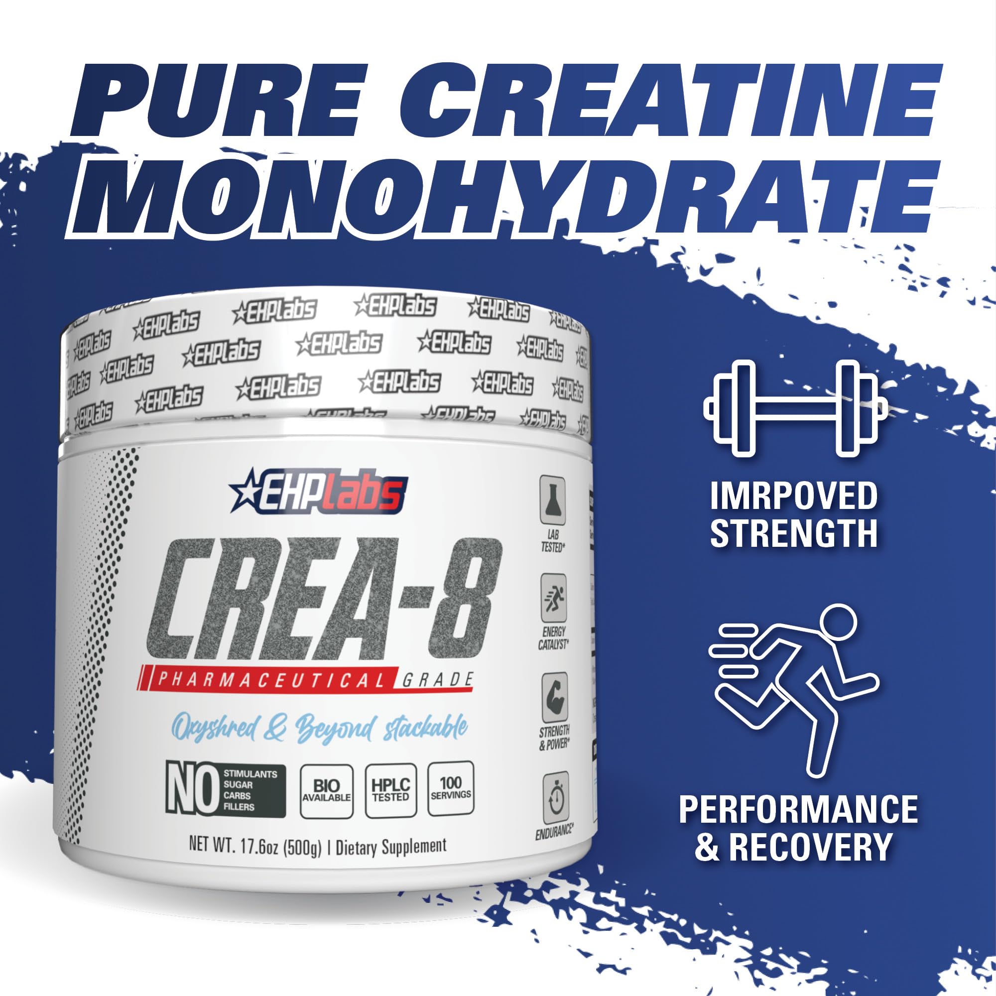 EHP Labs CREA-8 Creatine Monohydrate Powder - Unflavored Creatine Powder for Muscle Growth, Increased Strength, Enhanced Energy Output and Improved Performance - 100 Servings (500g)