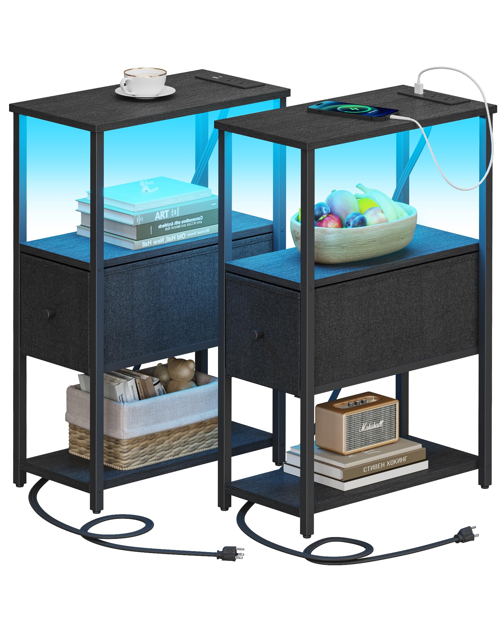 Photo 1 of TUTOTAK Small Narrow LED End Table with Charging Station, Side Table Outlets, Nightstand with Cloth Drawer, Set of 2, Couch Table, for Living Room, Bedroom, Bedside, Black TB01BK059