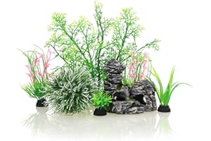 KGDHJUEI JIH Aquarium Fish Tank ,Plastic , Decorations Decor Set 7 Pieces, Small and Large Artificial Fish Tank Plants with Cave Rock