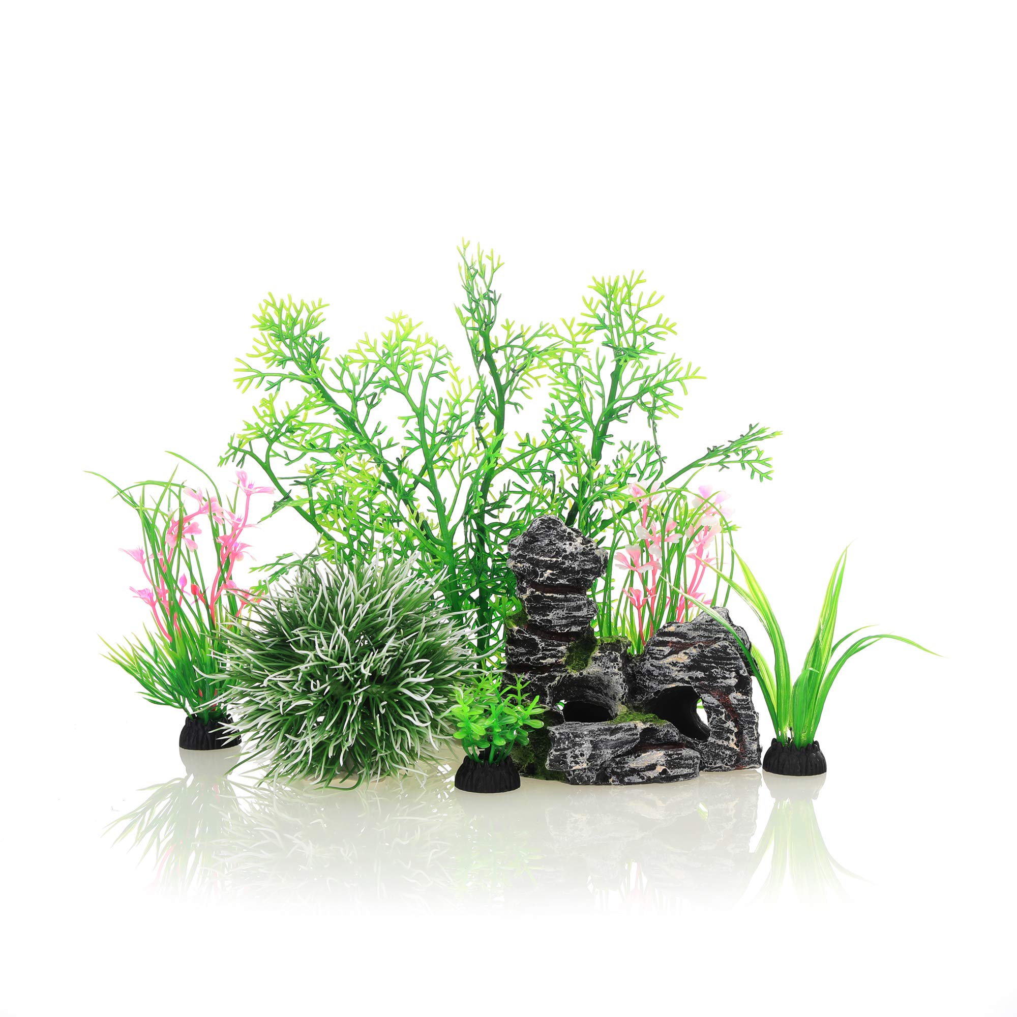 Photo 1 of JIH Aquarium Fish Tank Plastic Plants and Cave Rock Decorations Decor Set 7 Pieces, Small and Large Artificial Fish Tank Plants with Cave Rock