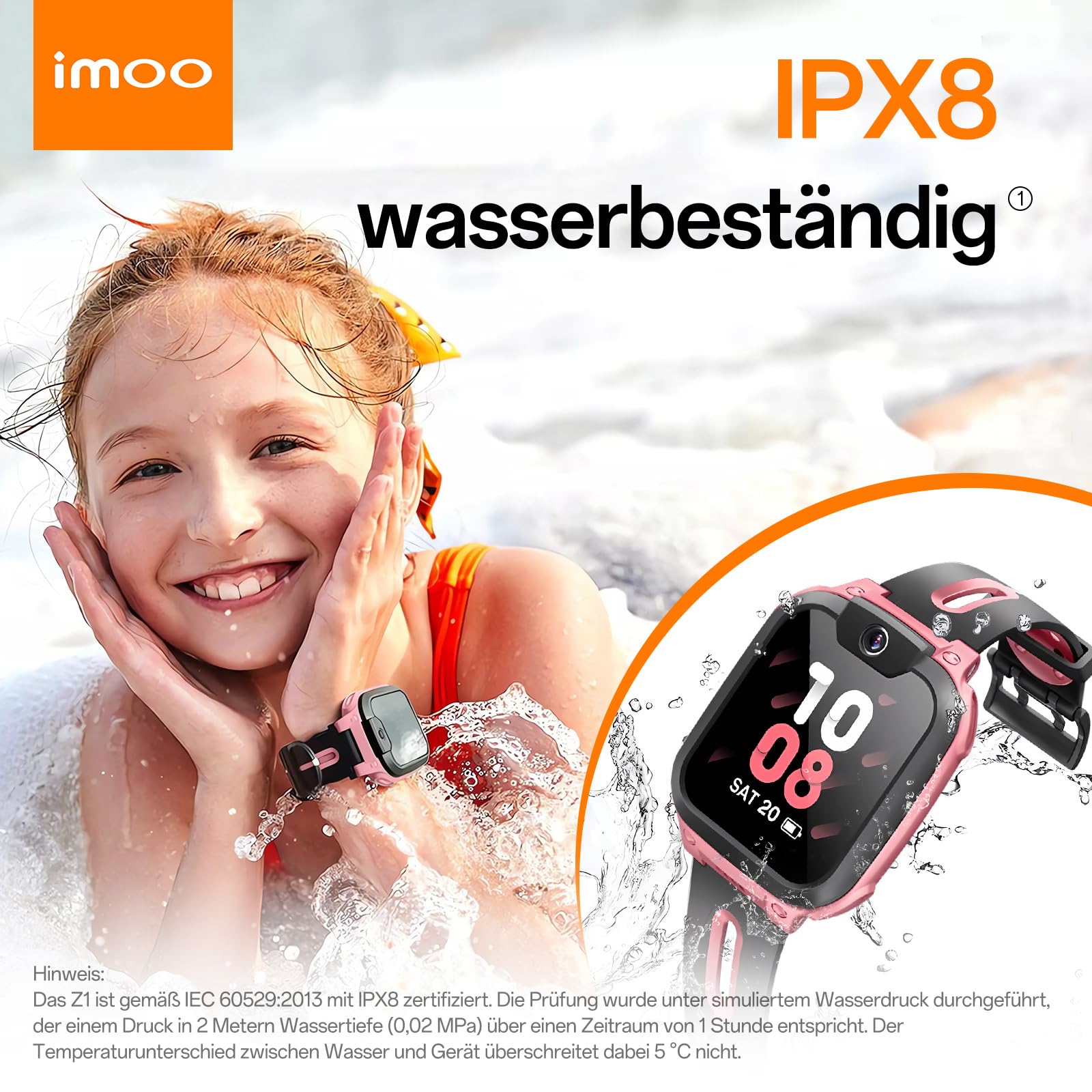 imoo Z1 Kinder-Smartwatch, 4G Anrufe Watch, IPX8 Wasserbeständigkeit, 1,3 Zoll, Frontkamera 2 MP, Schrittzähler, Lange Akkulaufzeit, Klassenzimmermodus (Rosa) 4