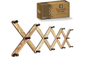 Mercurial Trade Expandable Wooden Coat Rack Hanger – Accordion Wall Mounted Pine Wood Hooks – Hand Made Vintage Expending Pegs – Hang Coat, Jacket, Hat, Leash, Towel, Scarf, Mug, Bag – Torched Wood