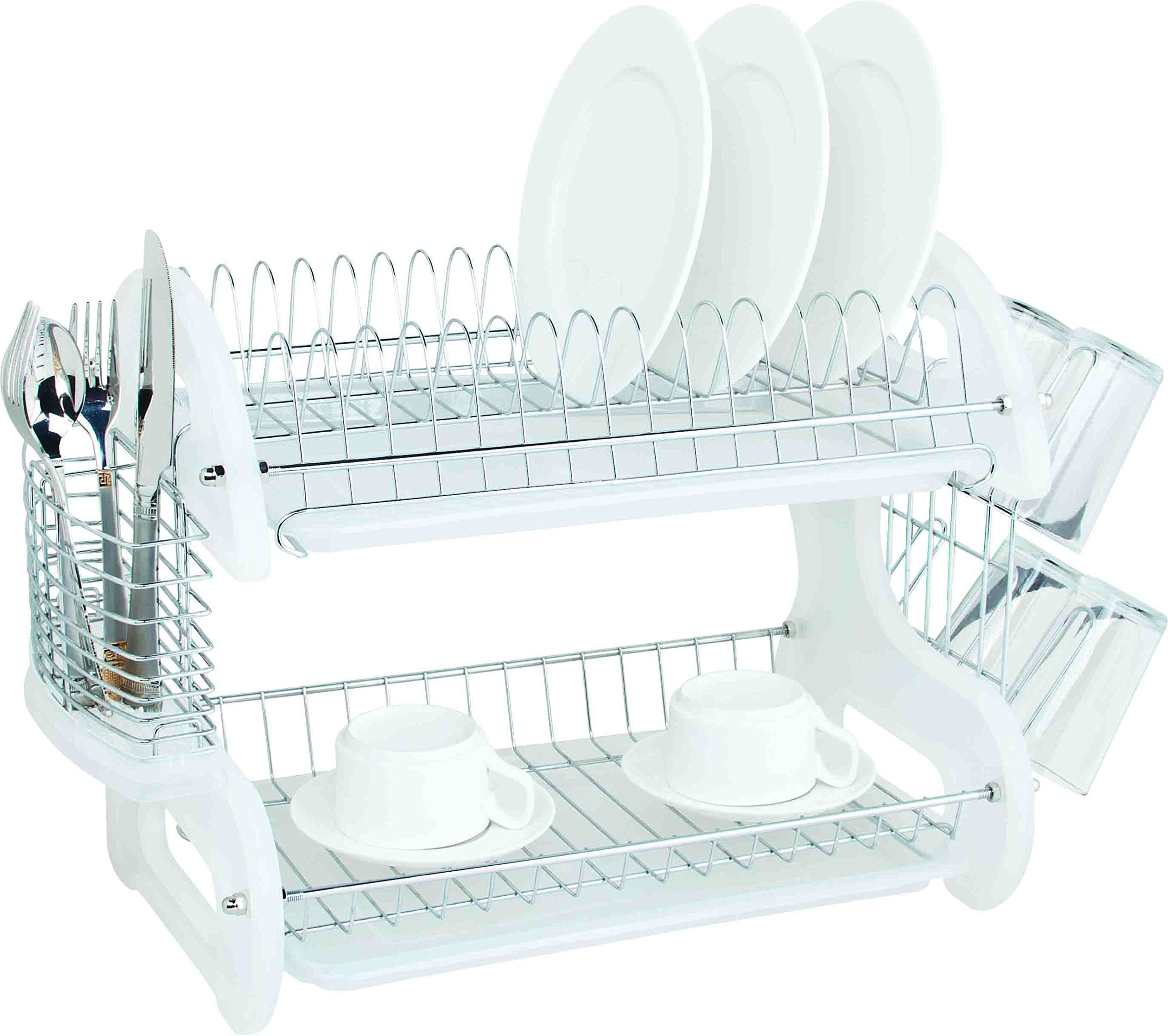 Home Basics Plastic 2-Tier Dish Drainer Rack, Air Drying and Organizing Dishes, Side Mounted Cutlery Holder, White