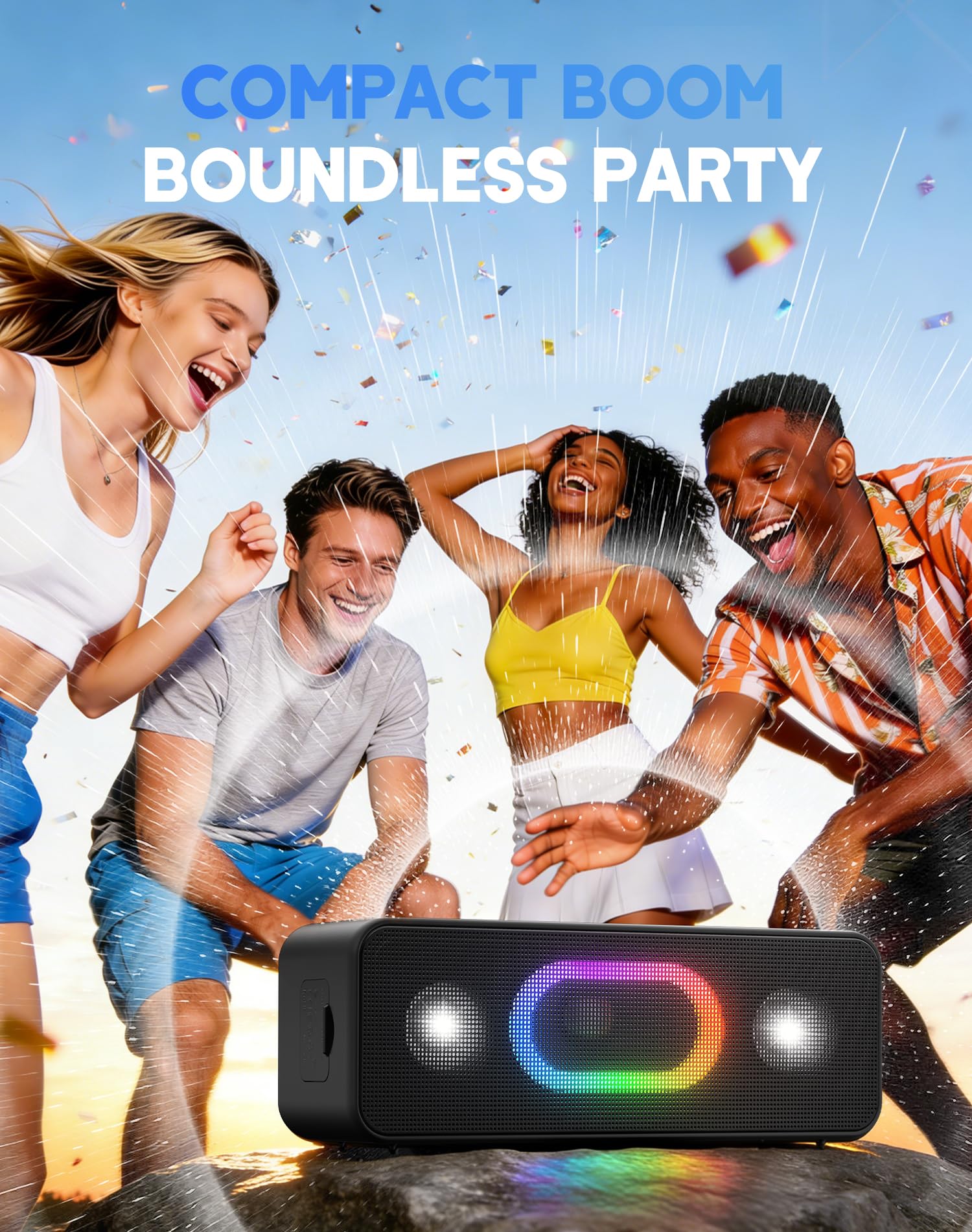 Ortizan Bluetooth Lautsprecher, Musikbox Bluetooth 5.3, Dualen Bass-Treibern, 24H Akku, 6 Lighting Effects, AUX-IN, TWS Funktion, Hands-Free Call für Outdoor 5
