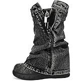 CAGLGLZ Mid Calf Denim Boots for Women Round Toe Fold Over Jeans Booties with Padlock Thick Bottom Platform Boots Vintage Fashion Western Cowboy Shoes