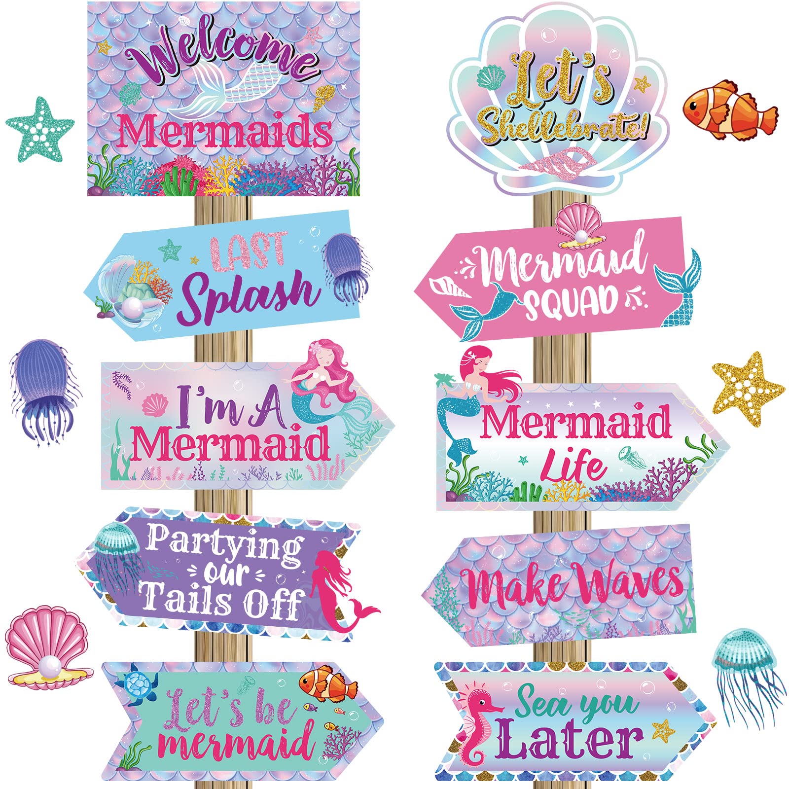 Photo 1 of Chinco 20 Pieces Mermaid Birthday Party Decorations Ocean Party Sign Mermaid Themed Birthday Decorations Welcome Sign for Home Decor Photo Booth Props